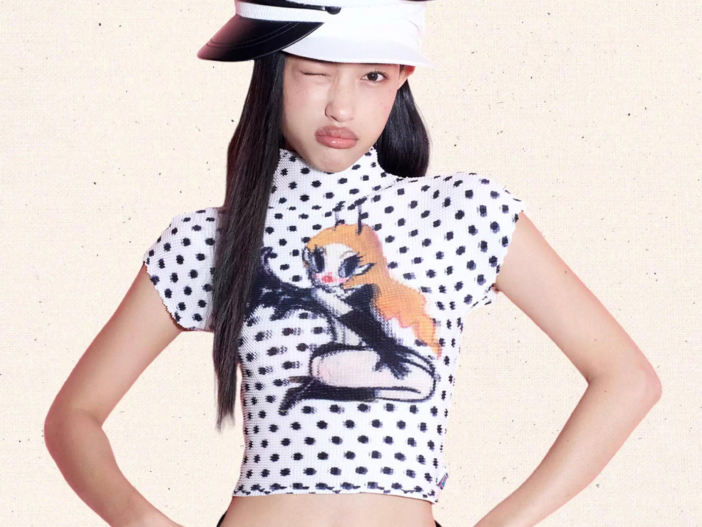 Devil girl polka dots crinkle stretch crop tee - off-white