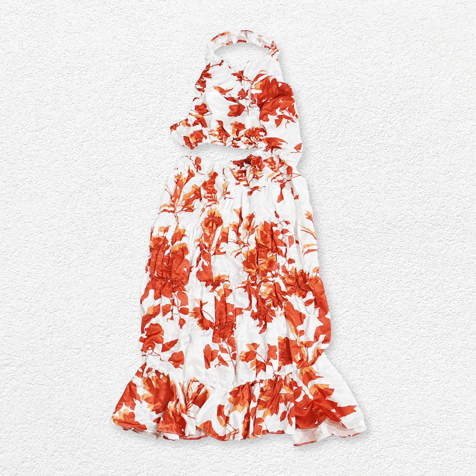 Irregular shirring halter dress - maple red & pearl white