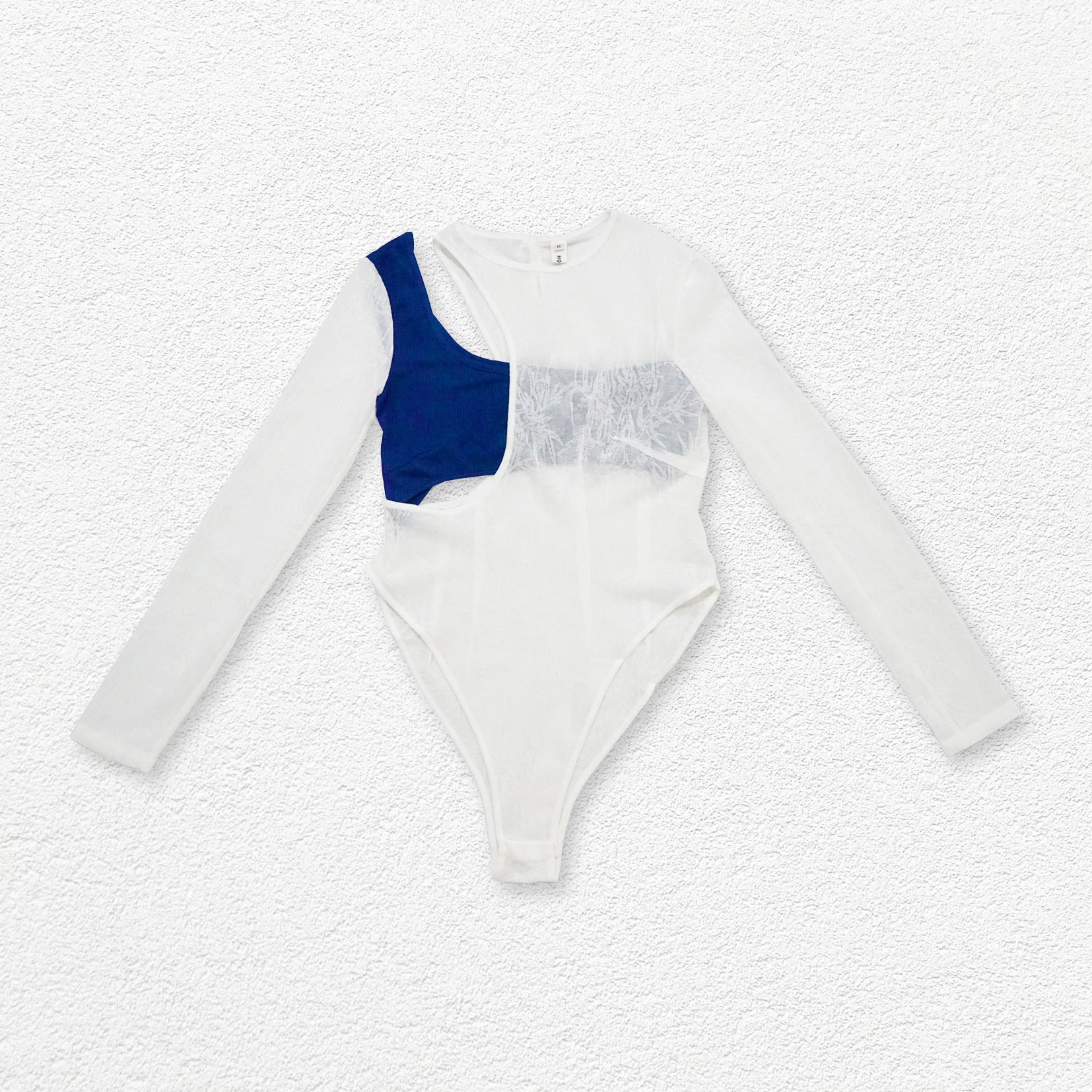 Double layer see-through cut out bodysuit - white & navy