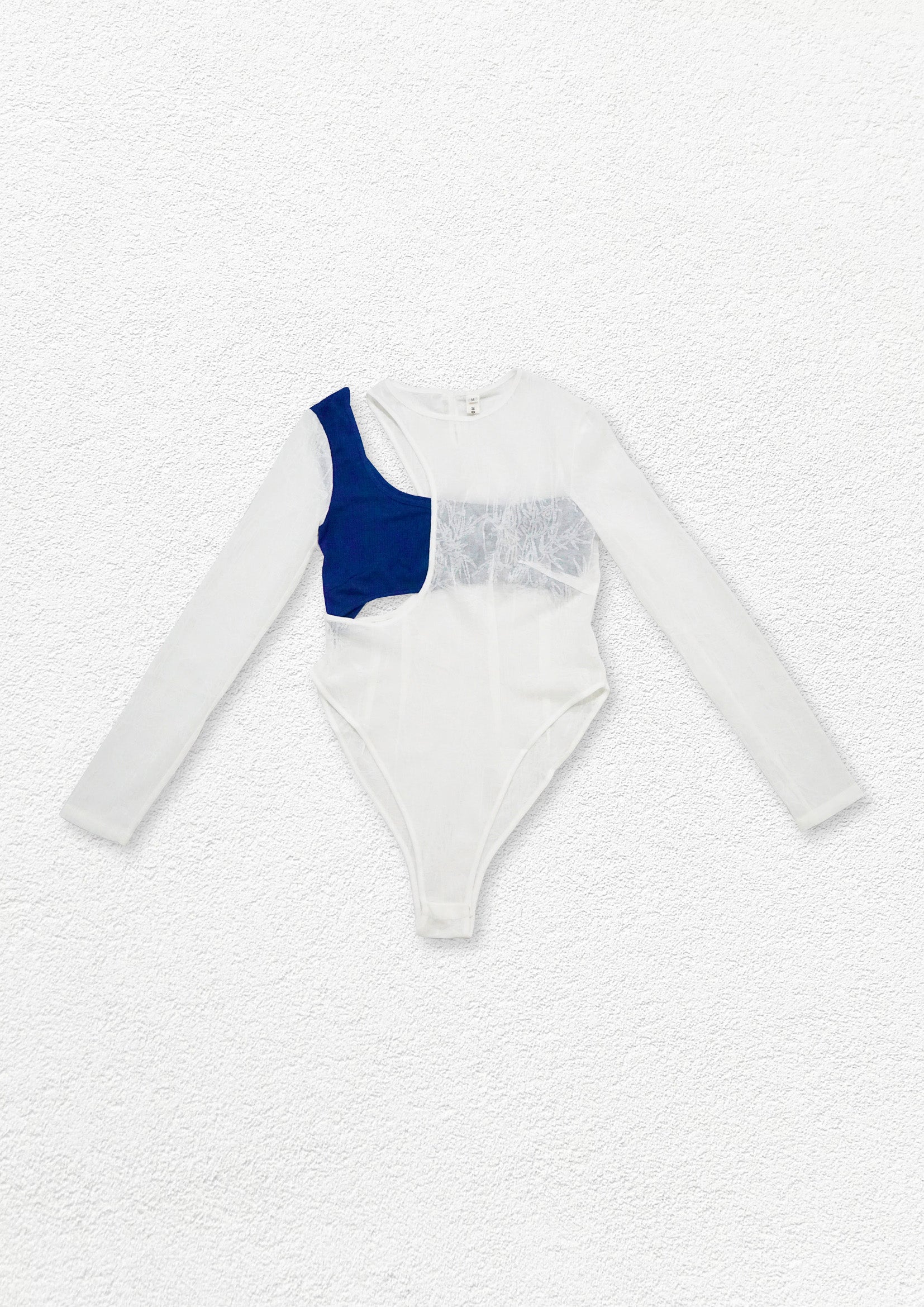 Double layer see-through cut out bodysuit - white & navy