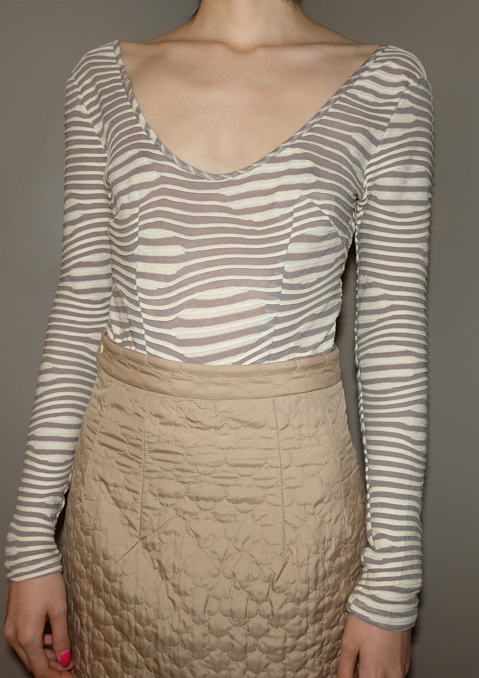 Striped low cut round neck see-through bodysuit in cream & khaki