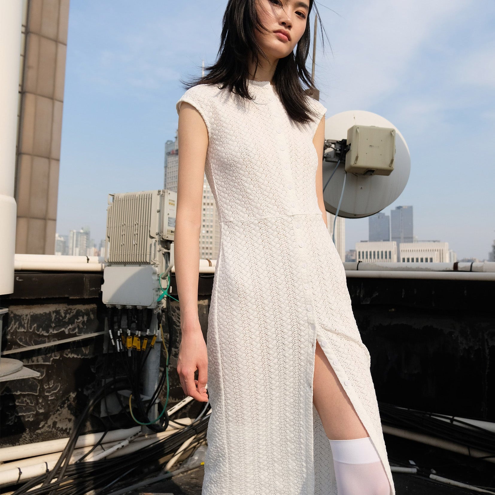 Two-way cap sleeve long knit cardigan slit dress in white