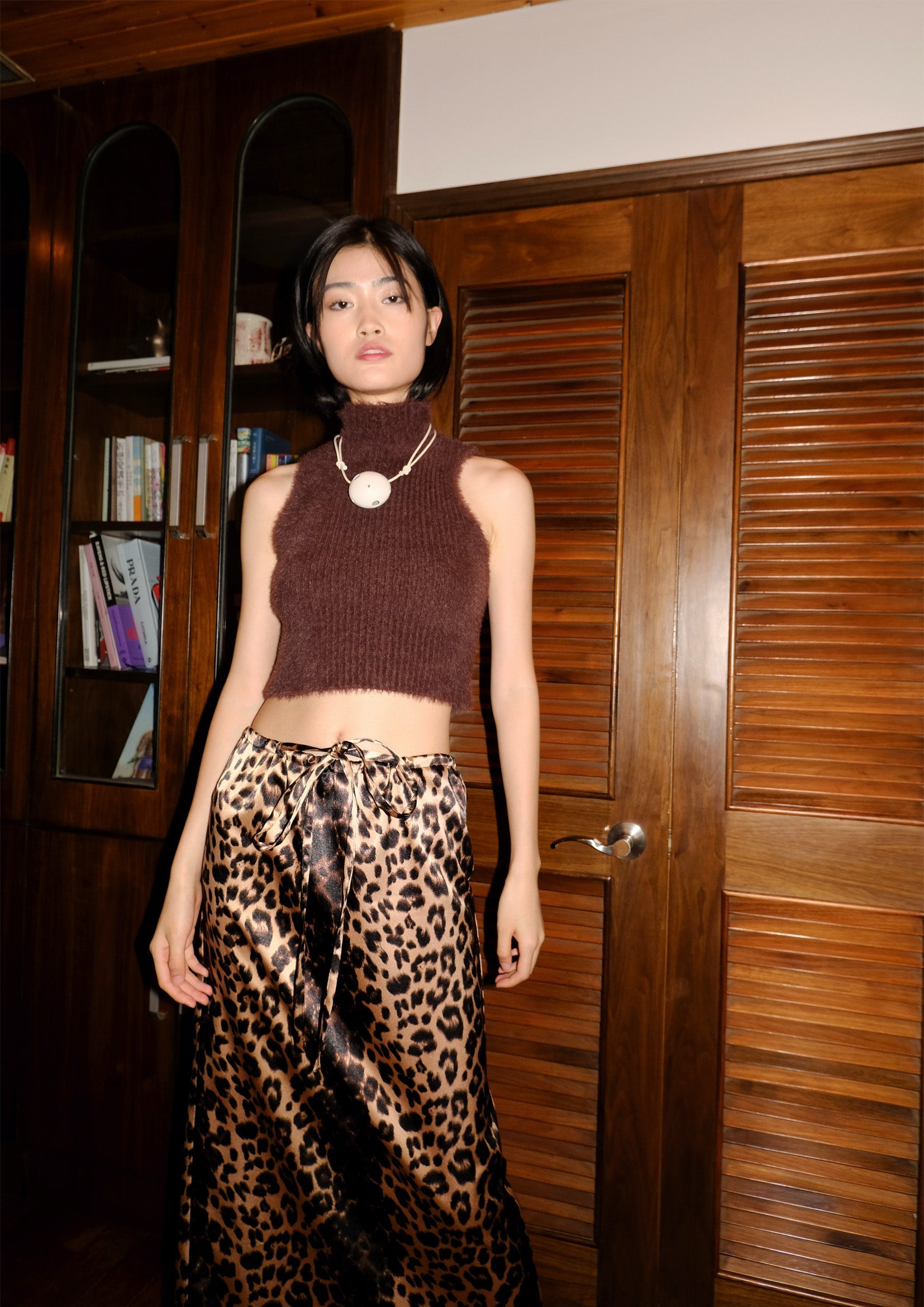 Fluffy knit tank crop top in chocolate
