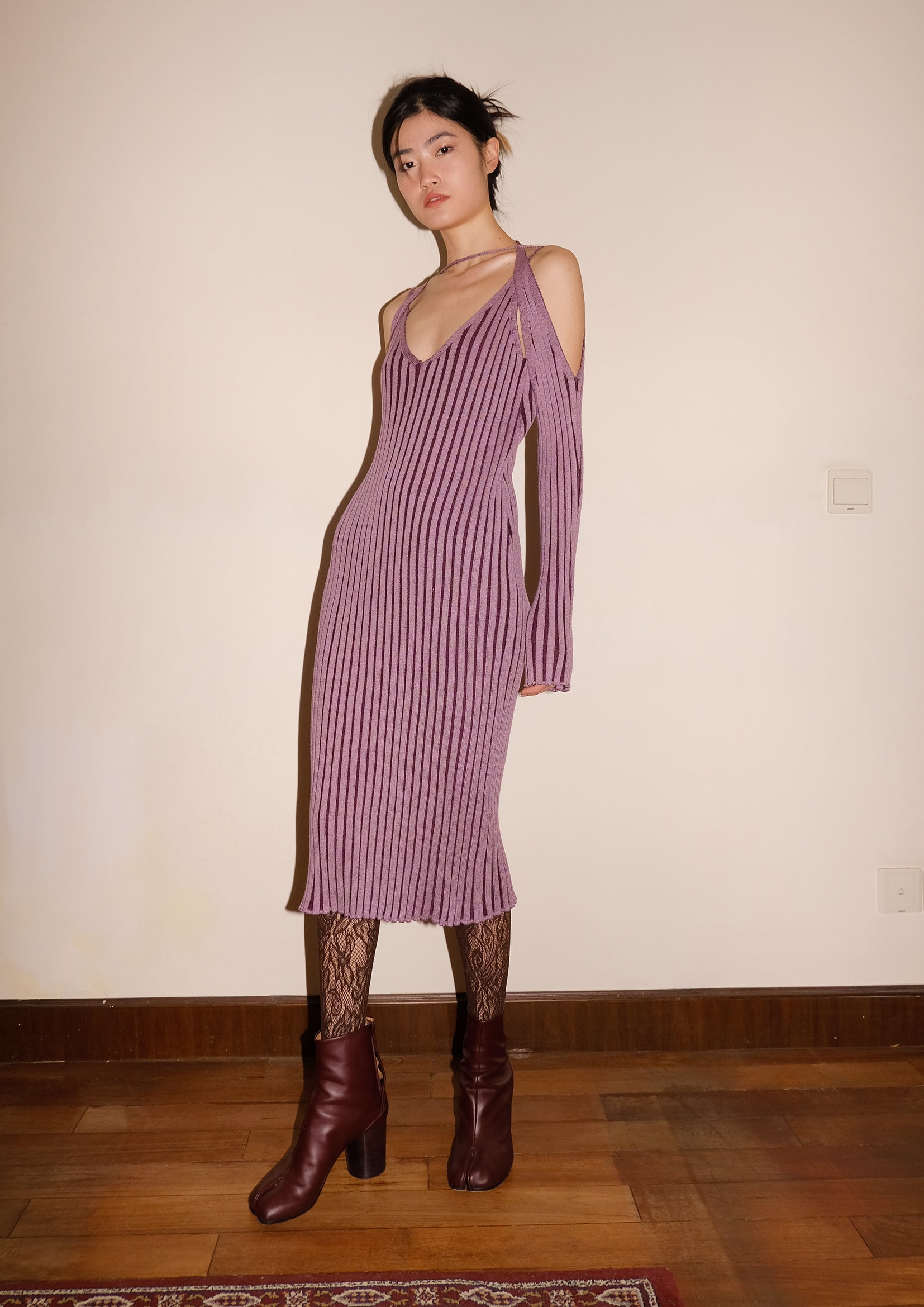 Ribbed knit sling dress in plum