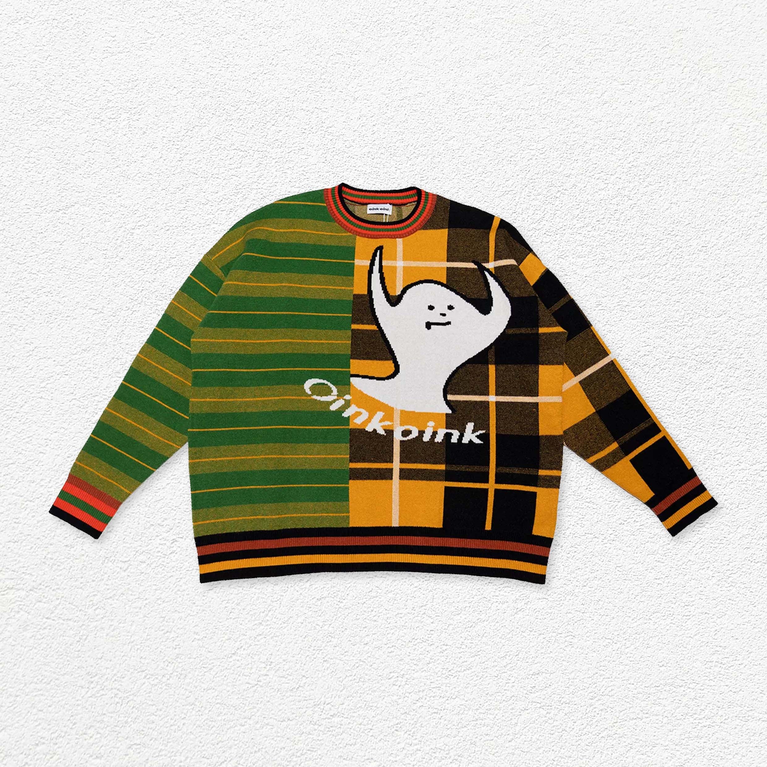 Ghost splice knit jumper - green & orange