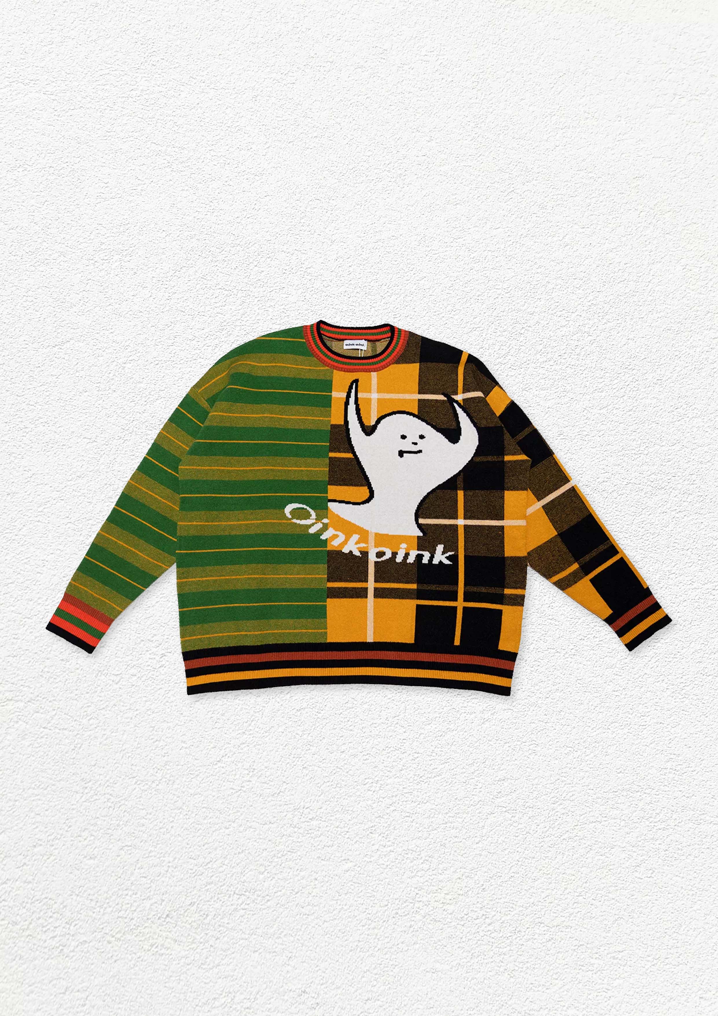 Ghost splice knit jumper - green & orange