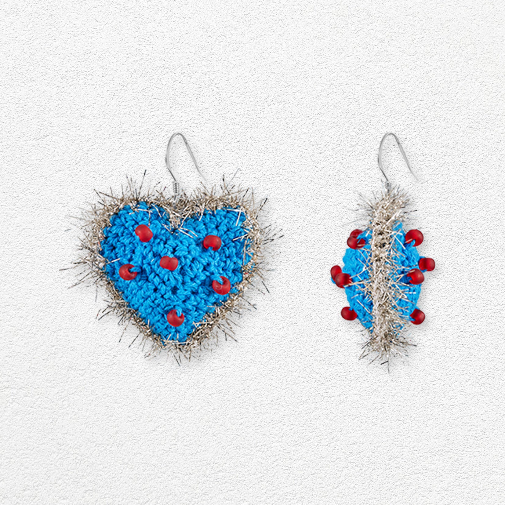 Fuzzy dot heart crochet earrings - sky blue