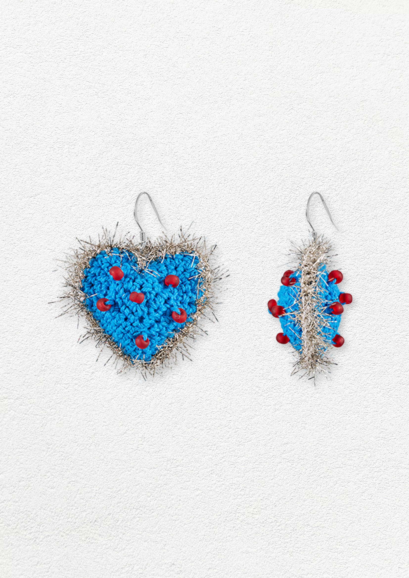 Fuzzy dot heart crochet earrings - sky blue