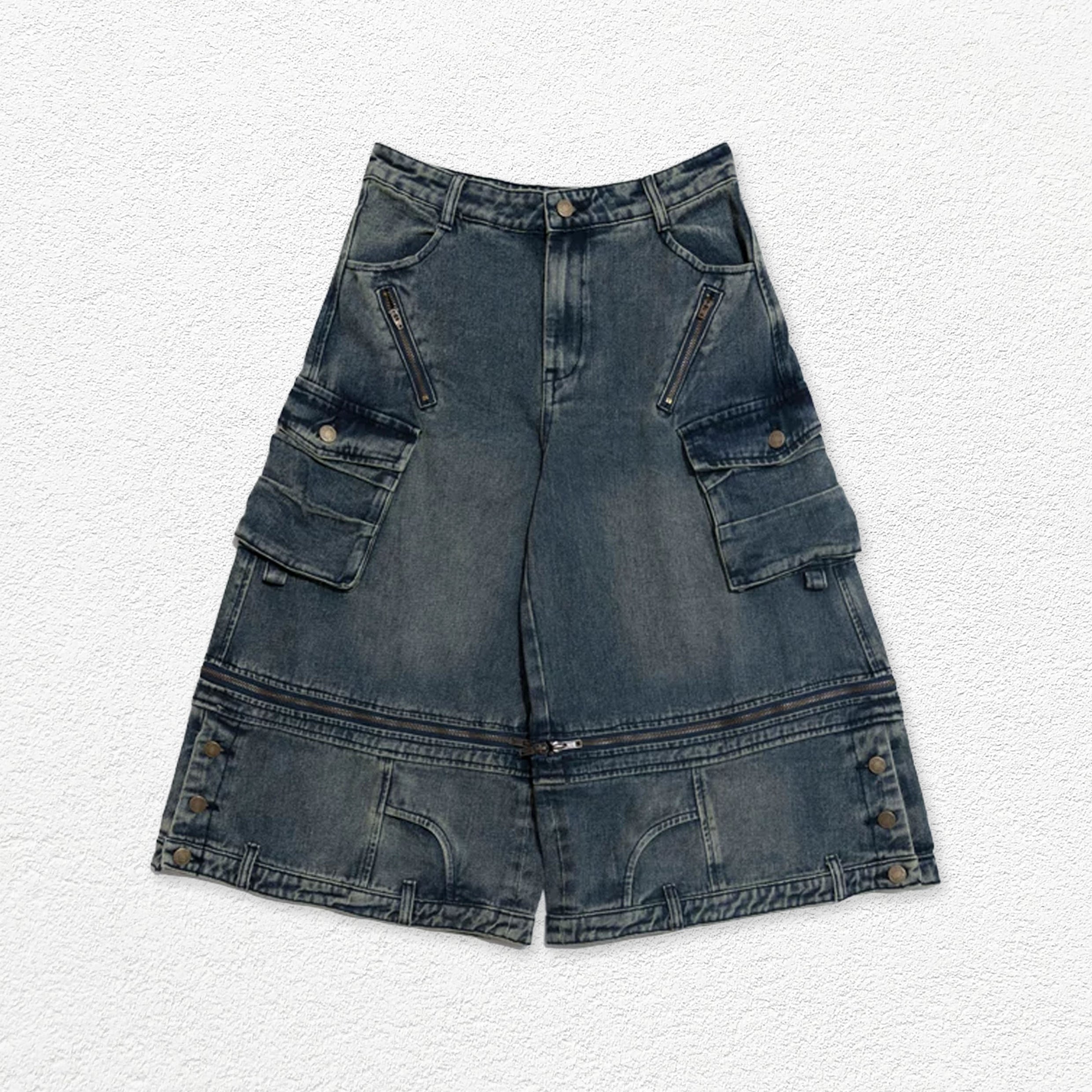 Detachable wide leg denim shorts - vintage washed blue