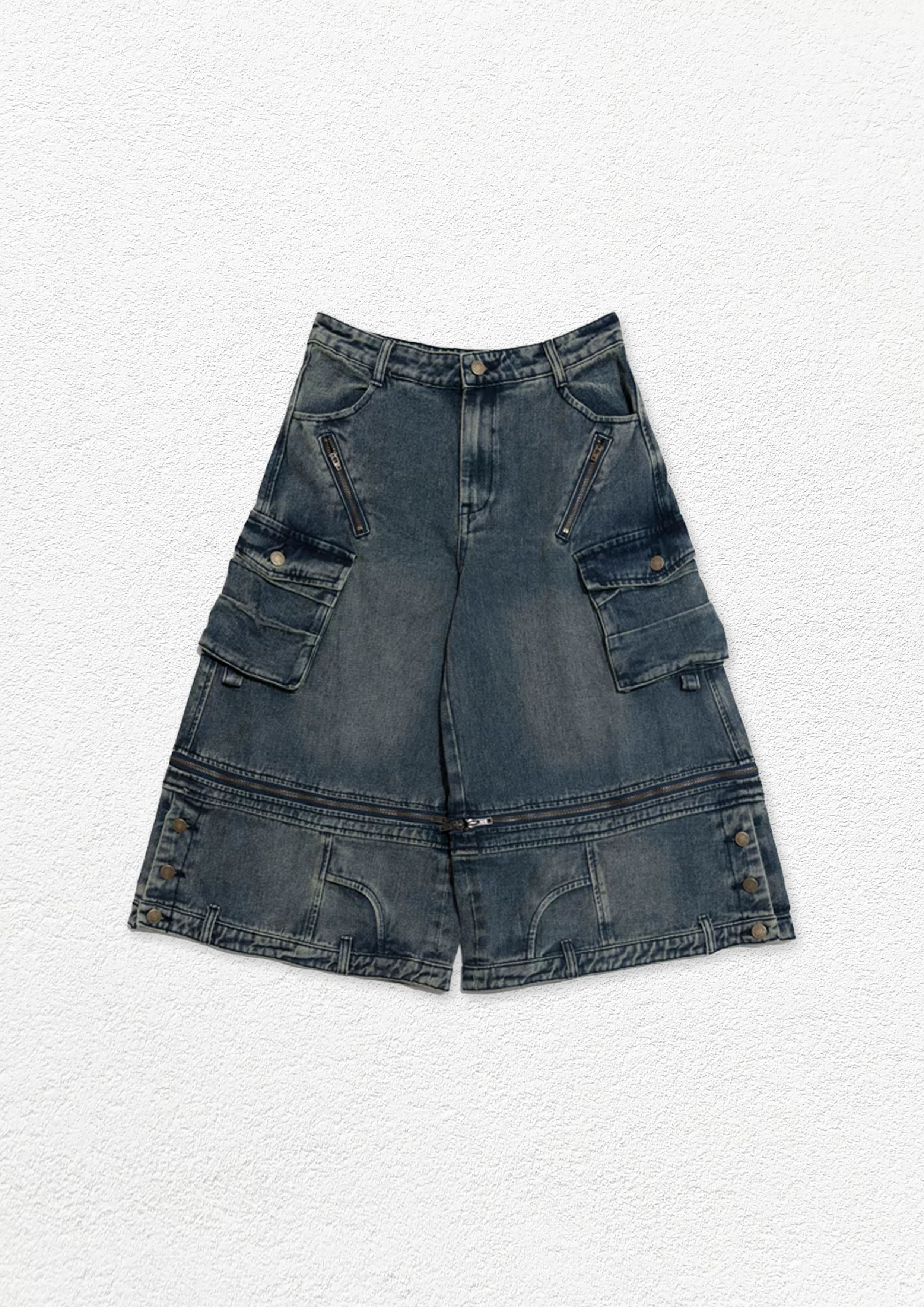 Detachable wide leg denim shorts - vintage washed blue
