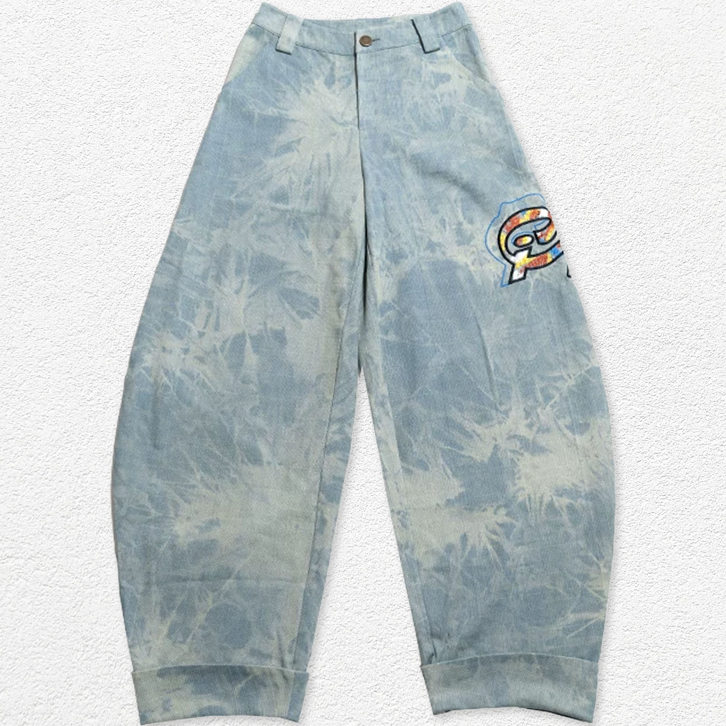 Tie dye bleach baggy barrel jeans - sun-faded blue