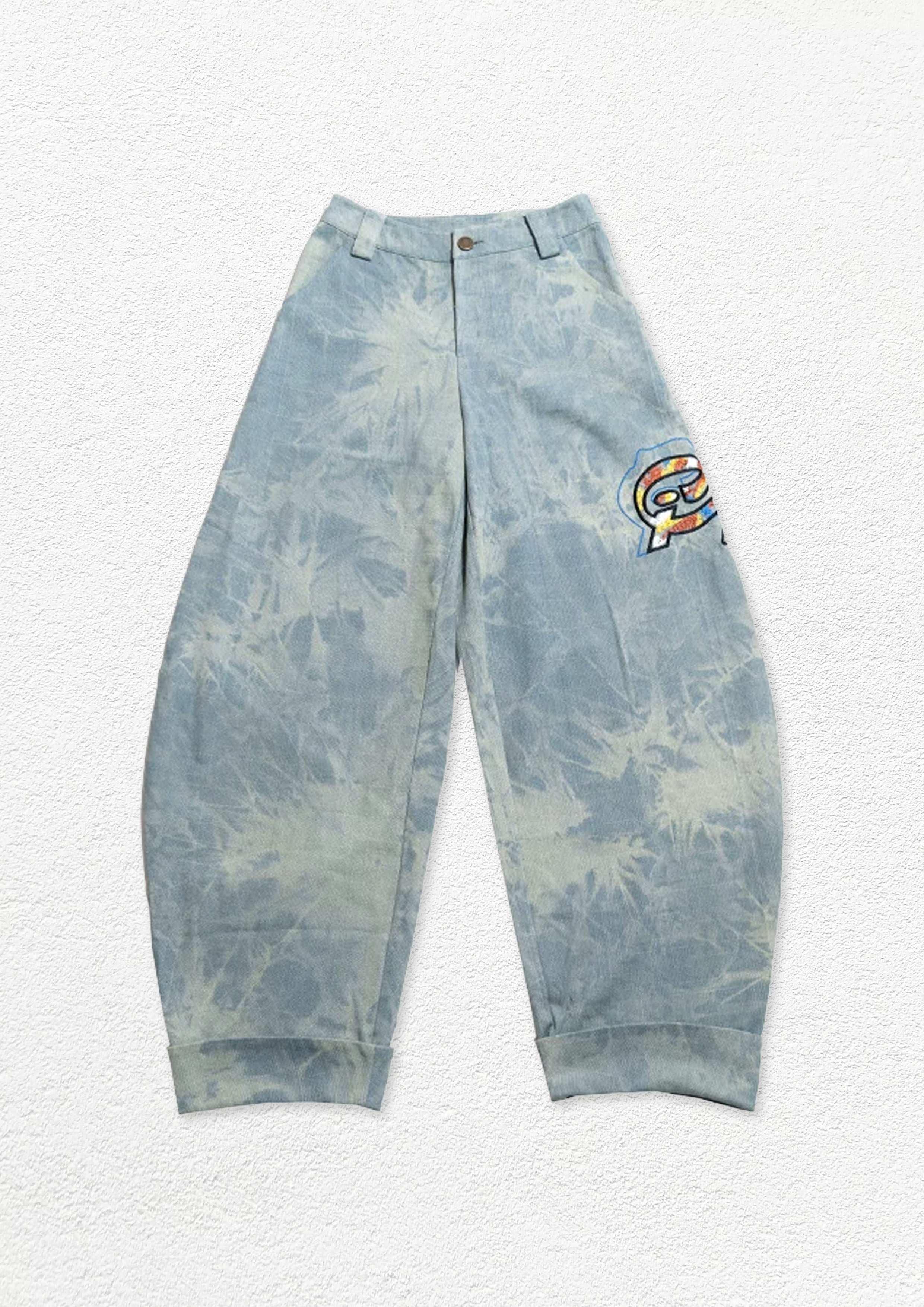 Tie dye bleach baggy barrel jeans - sun-faded blue