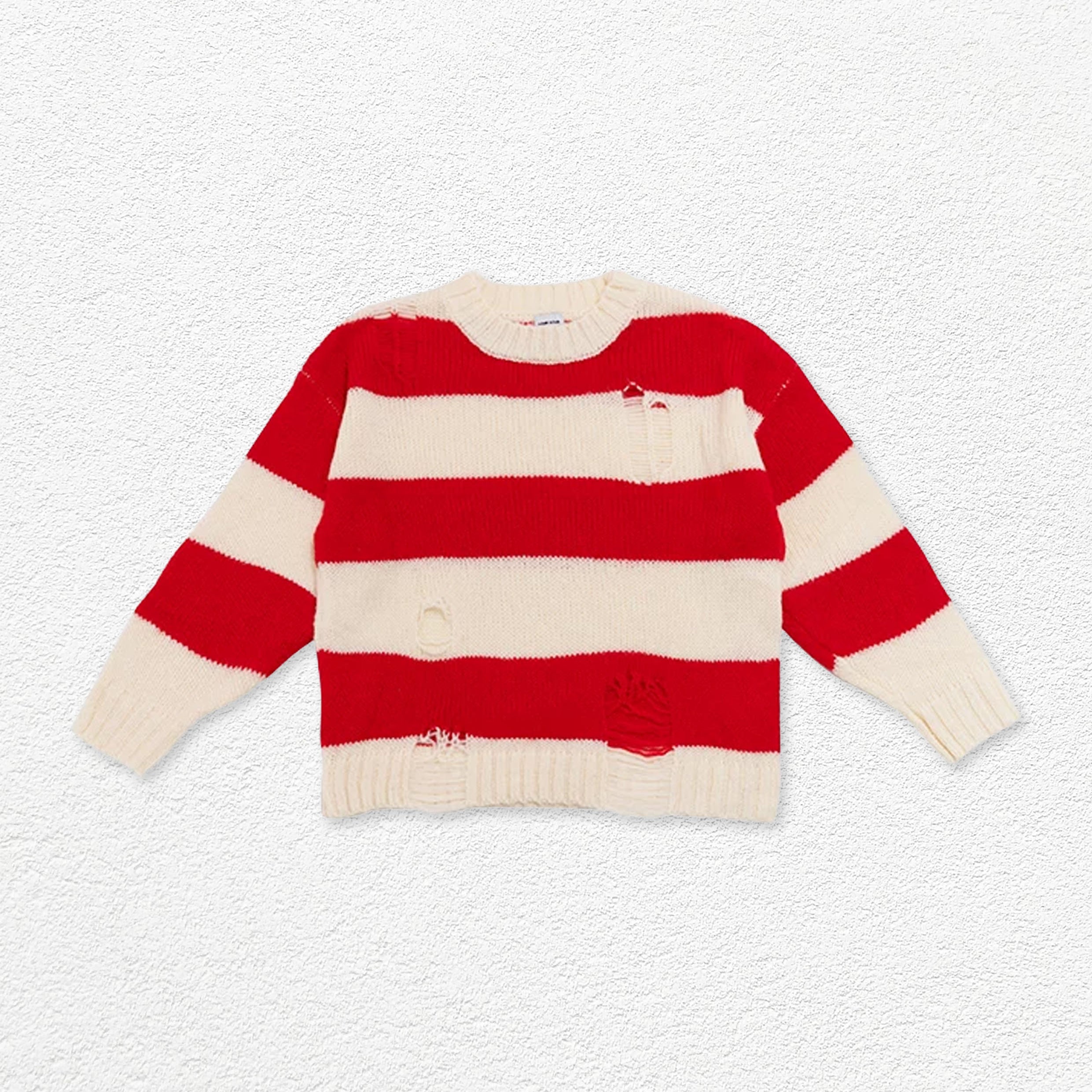 Striped distressed knit jumper - red & white