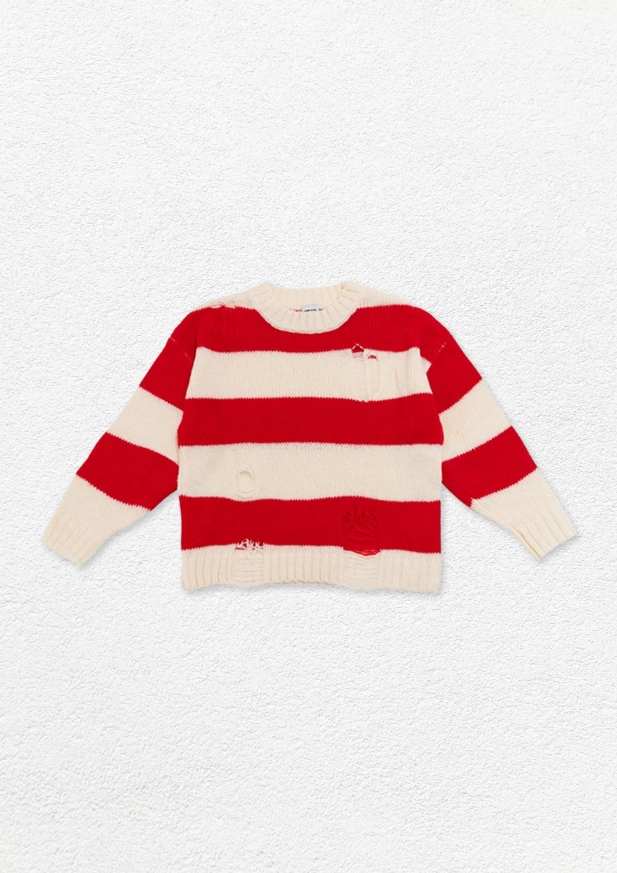 Striped distressed knit jumper - red & white