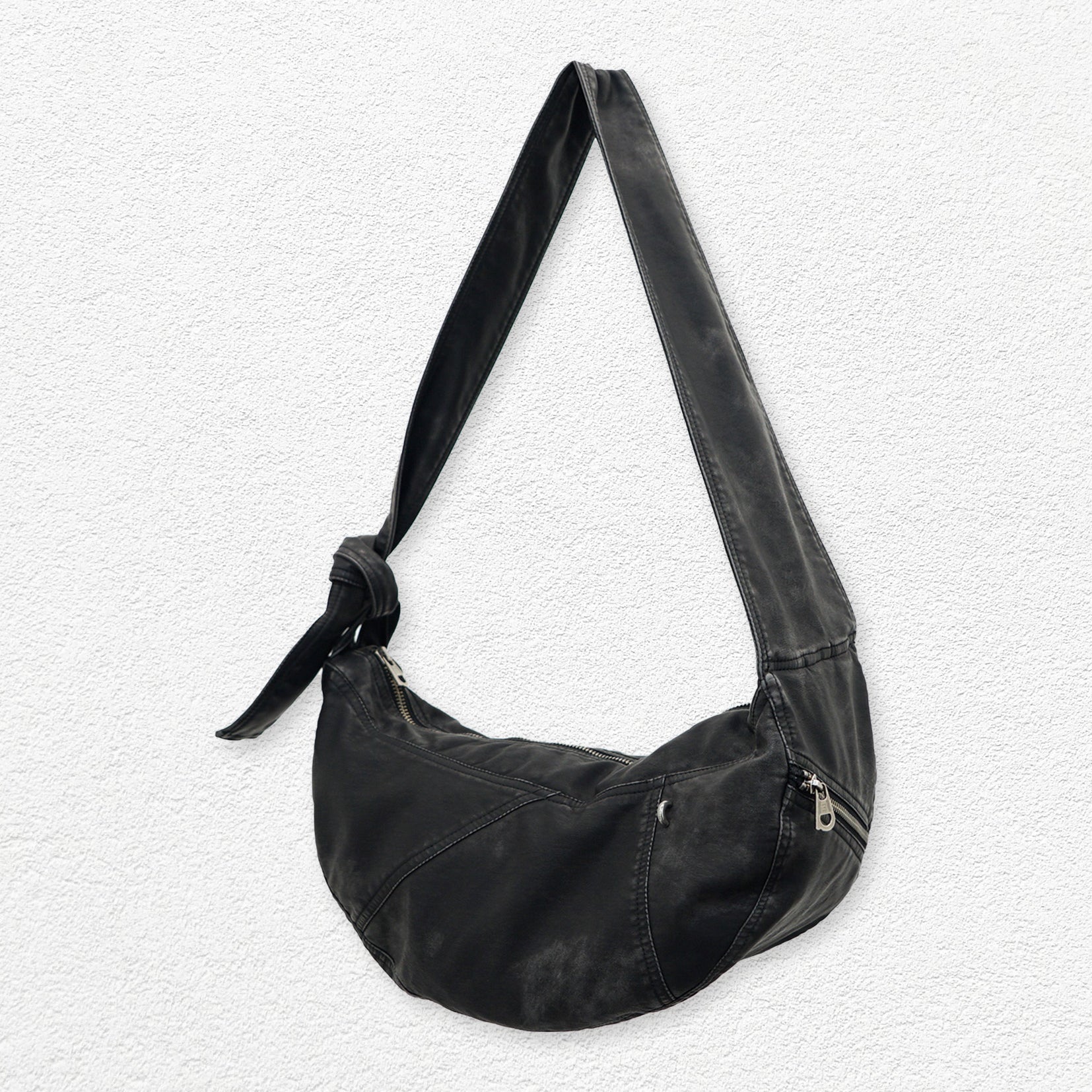 Vegan leather medium dumpling bag - distressed black