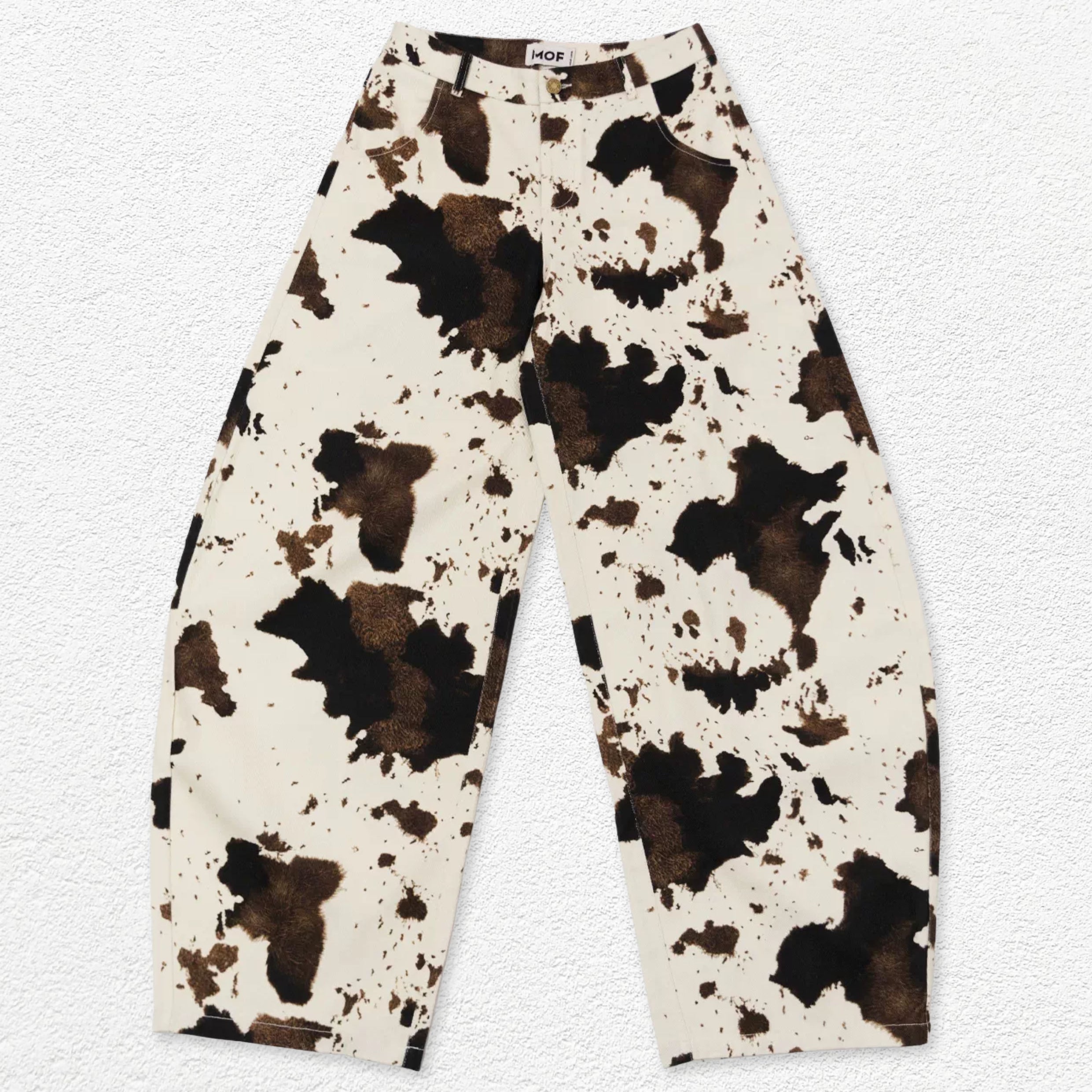 Cow print baggy barrel pants - beige