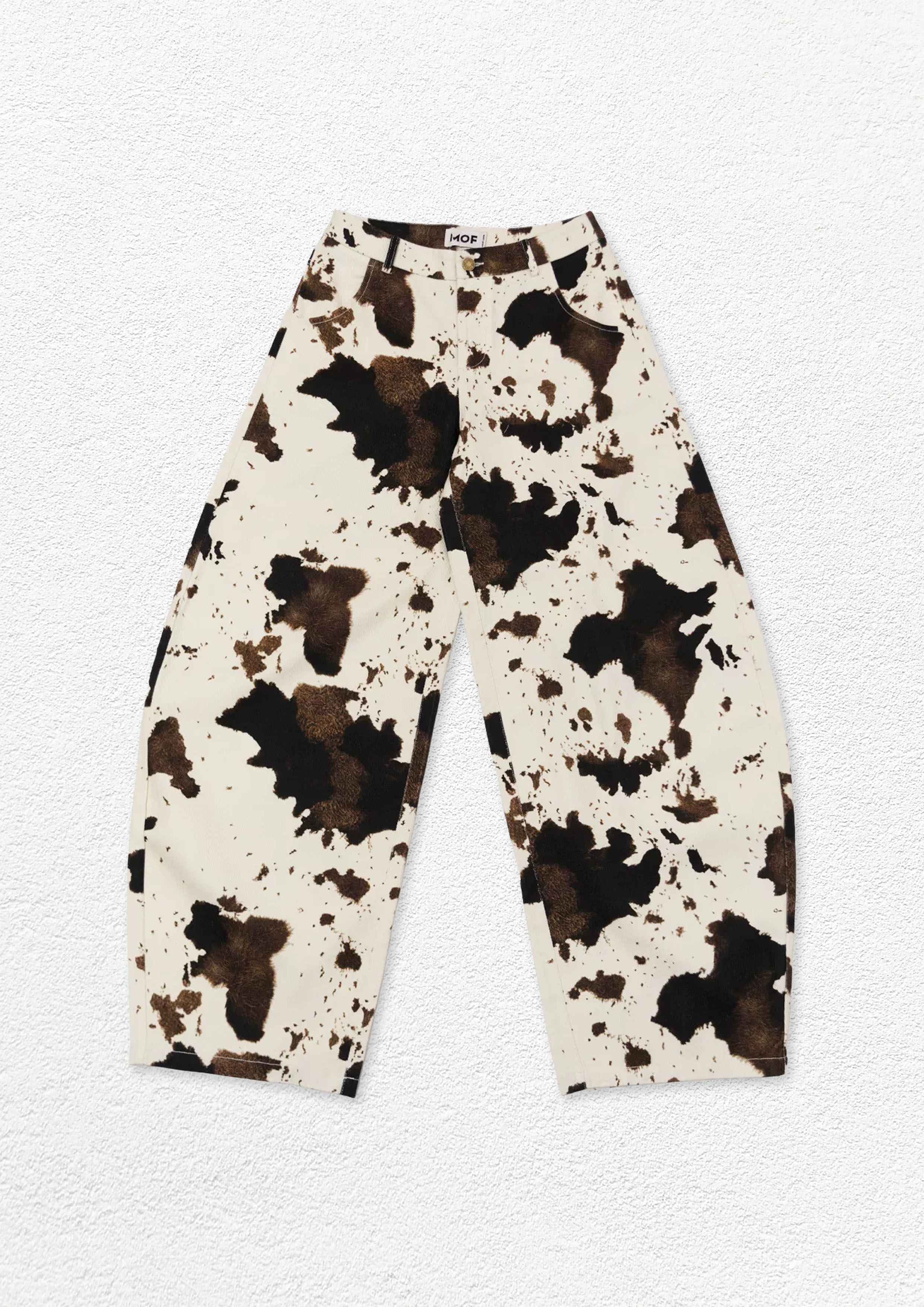 Cow print baggy barrel pants - beige