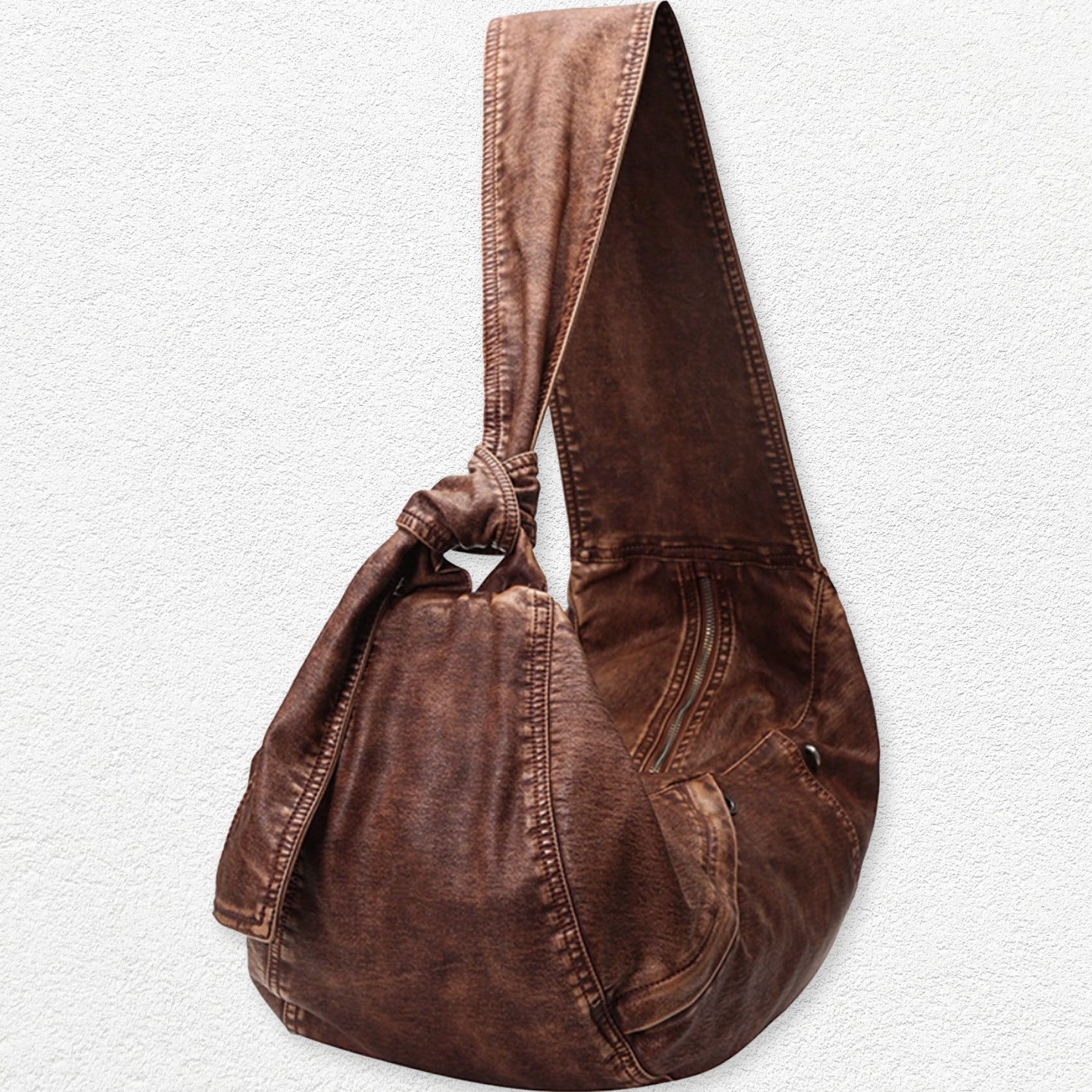 Vegan leather large dumpling bag - distressed rusty red