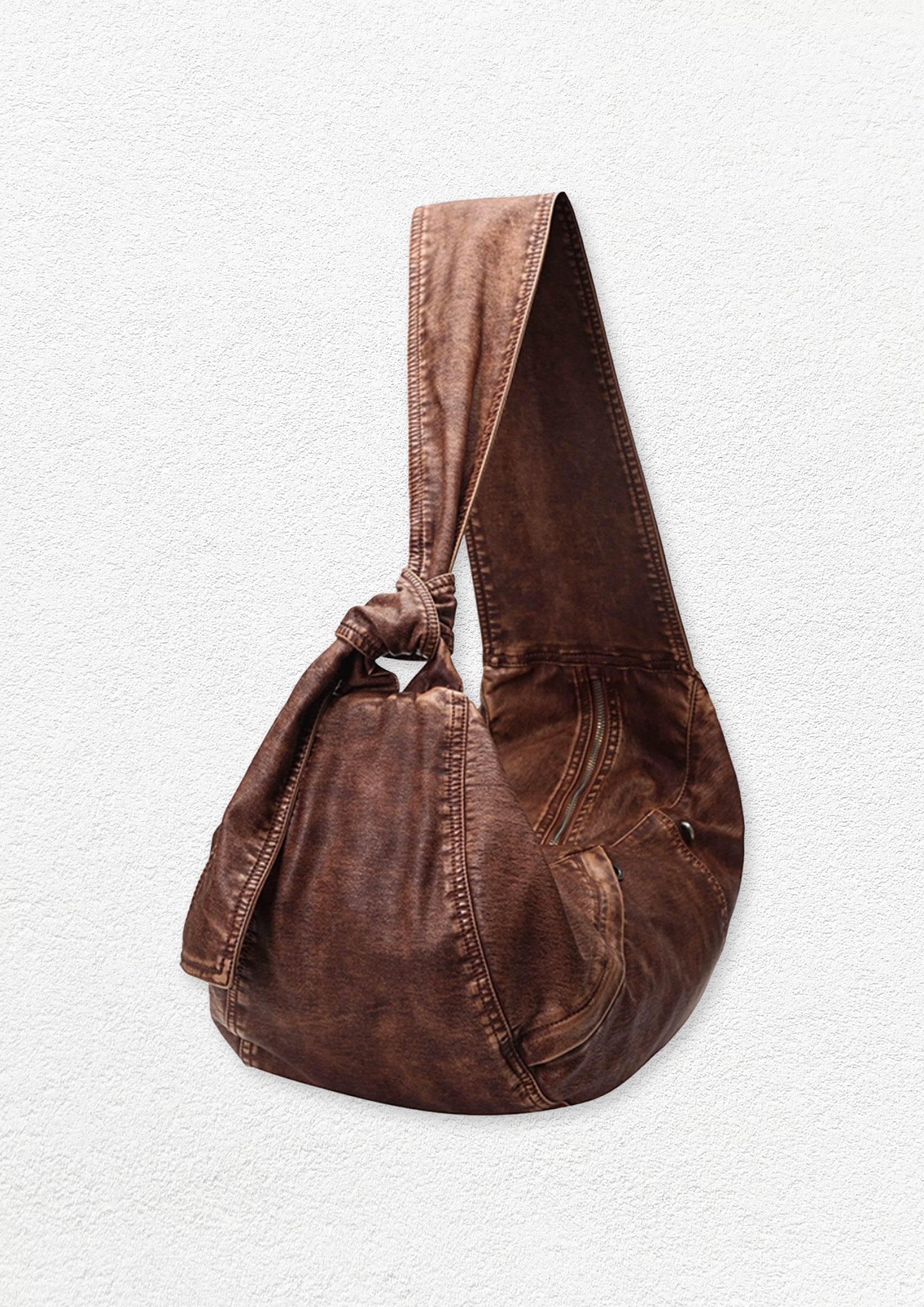 Vegan leather large dumpling bag - distressed rusty red