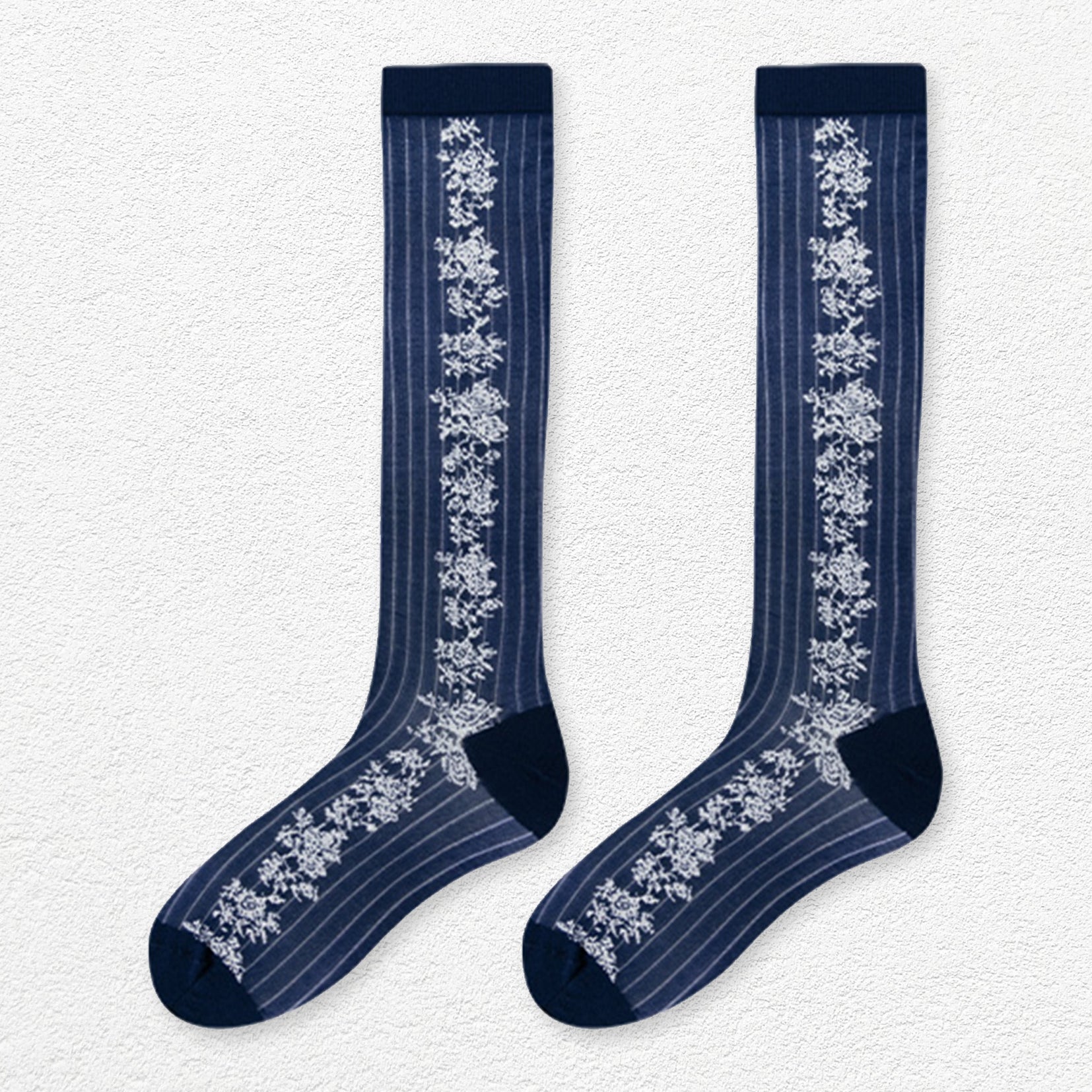 Floral jacquard sheer over-the-calf sock - navy