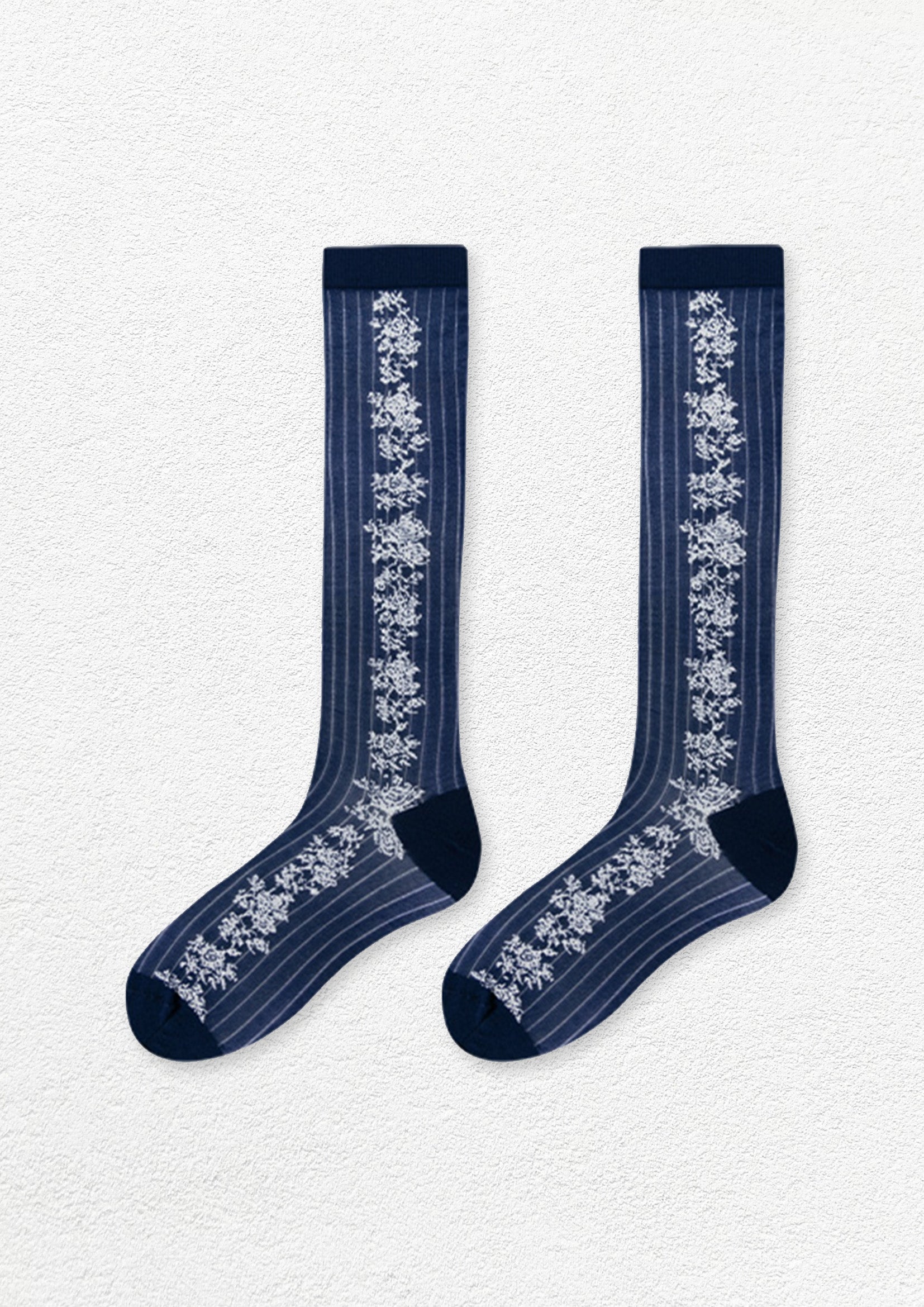 Floral jacquard sheer over-the-calf sock - navy