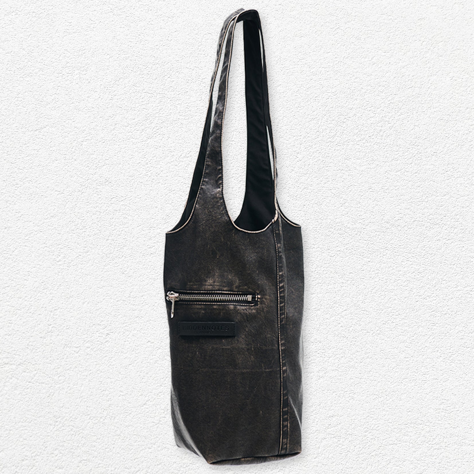 Distressed vegan leather shoulder bucket bag - black