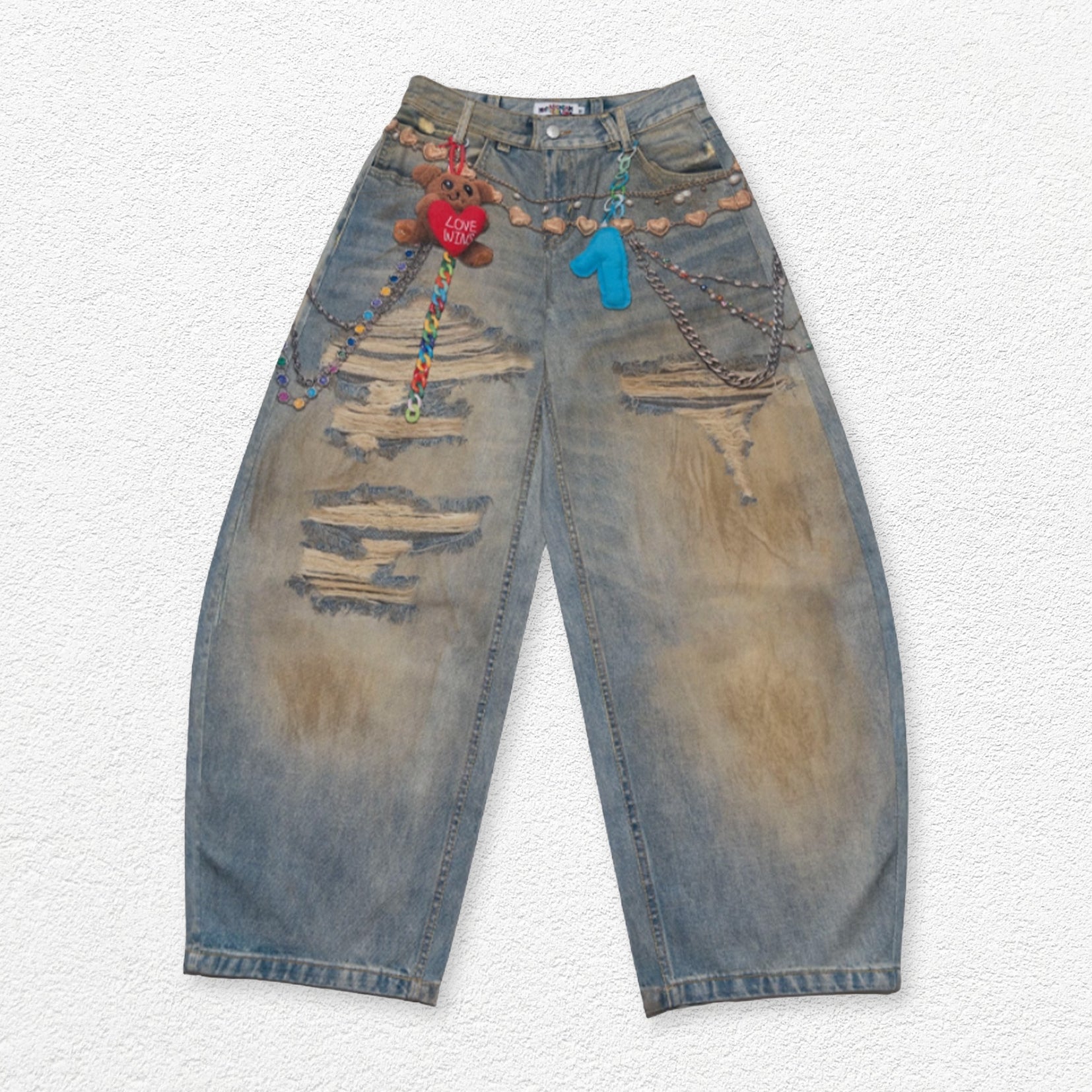 Love bear print baggy barrel jeans - dusty washed blue