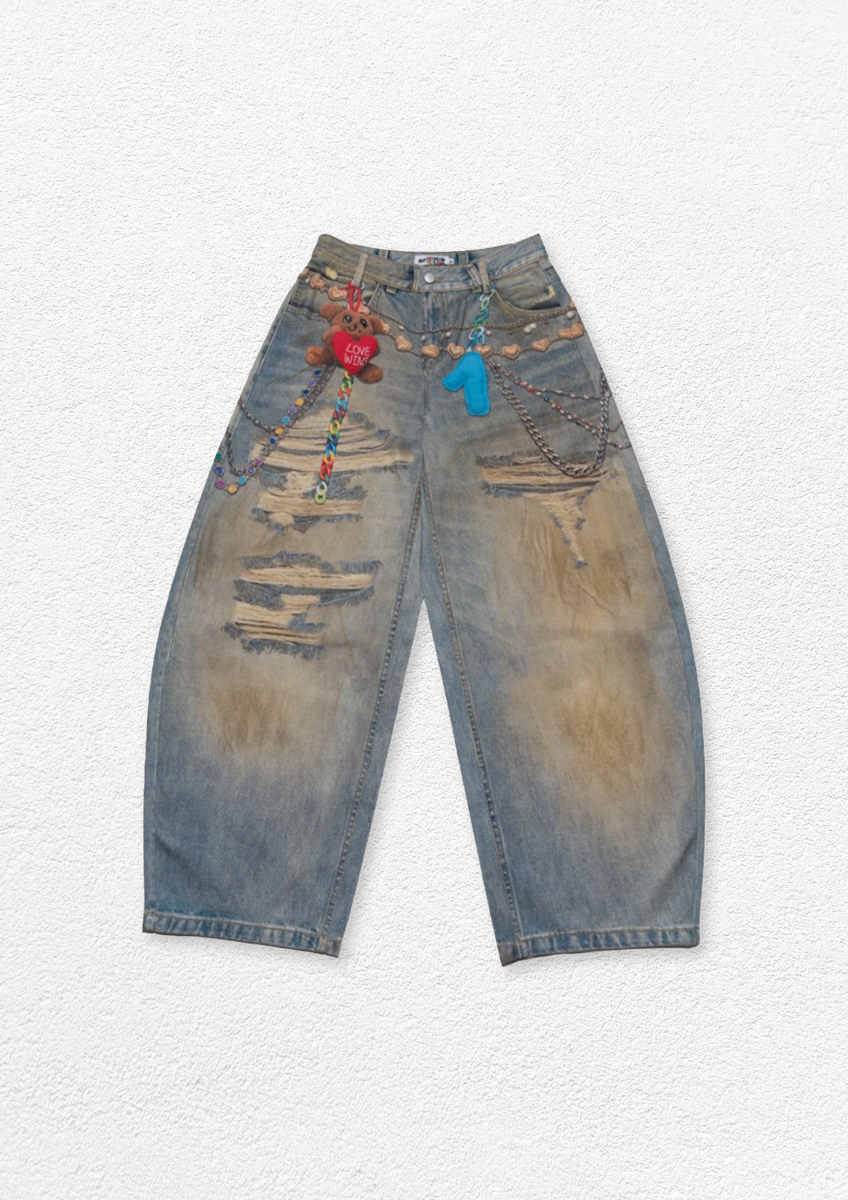 Love bear print baggy barrel jeans - dusty washed blue