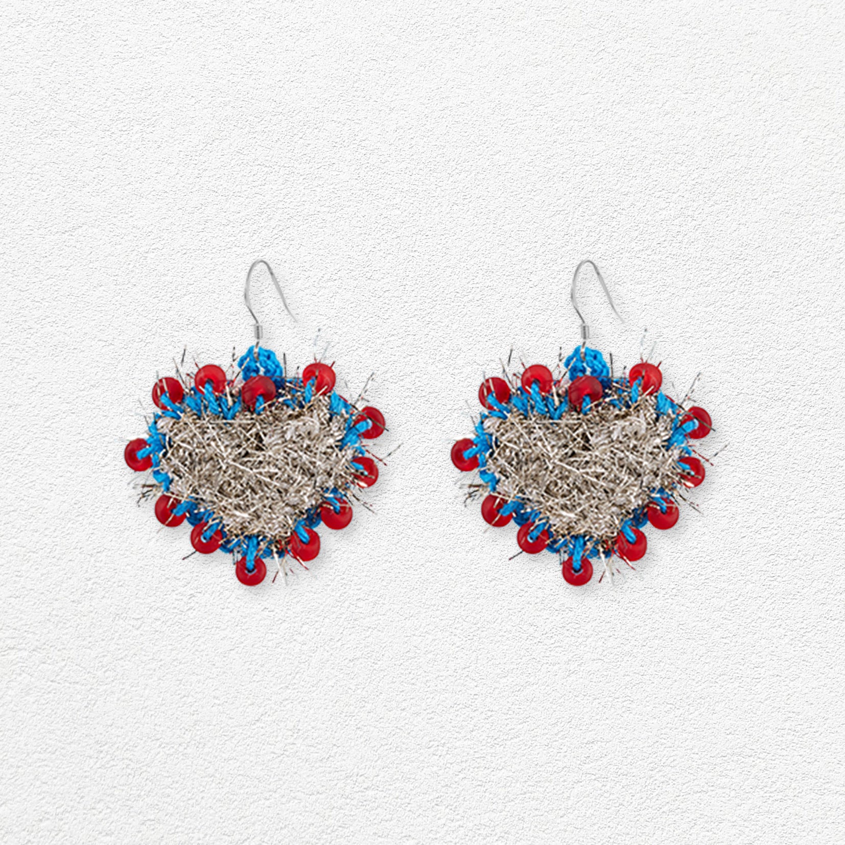 Fuzzy glitter heart crochet earrings - silver