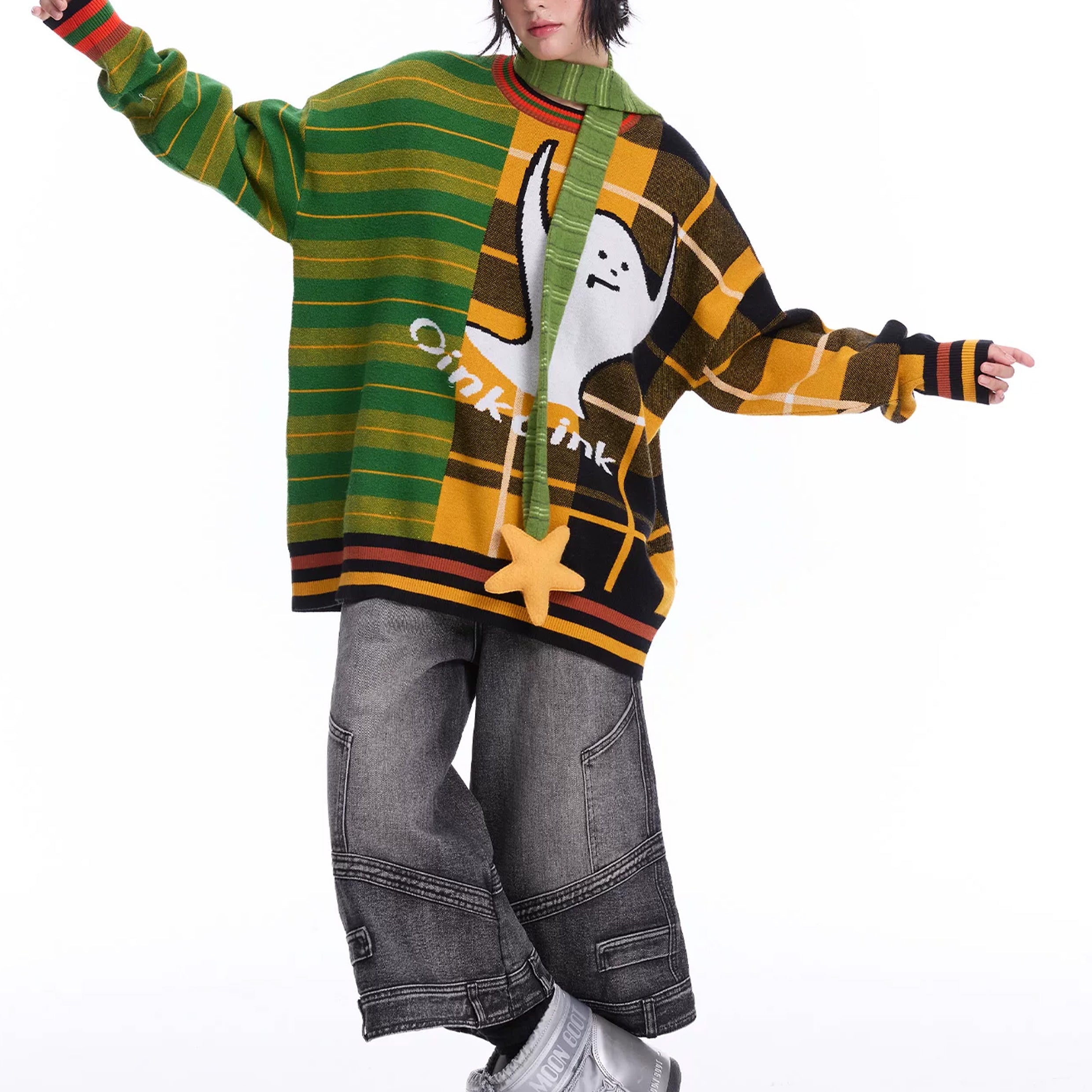 Ghost splice knit jumper - green & orange