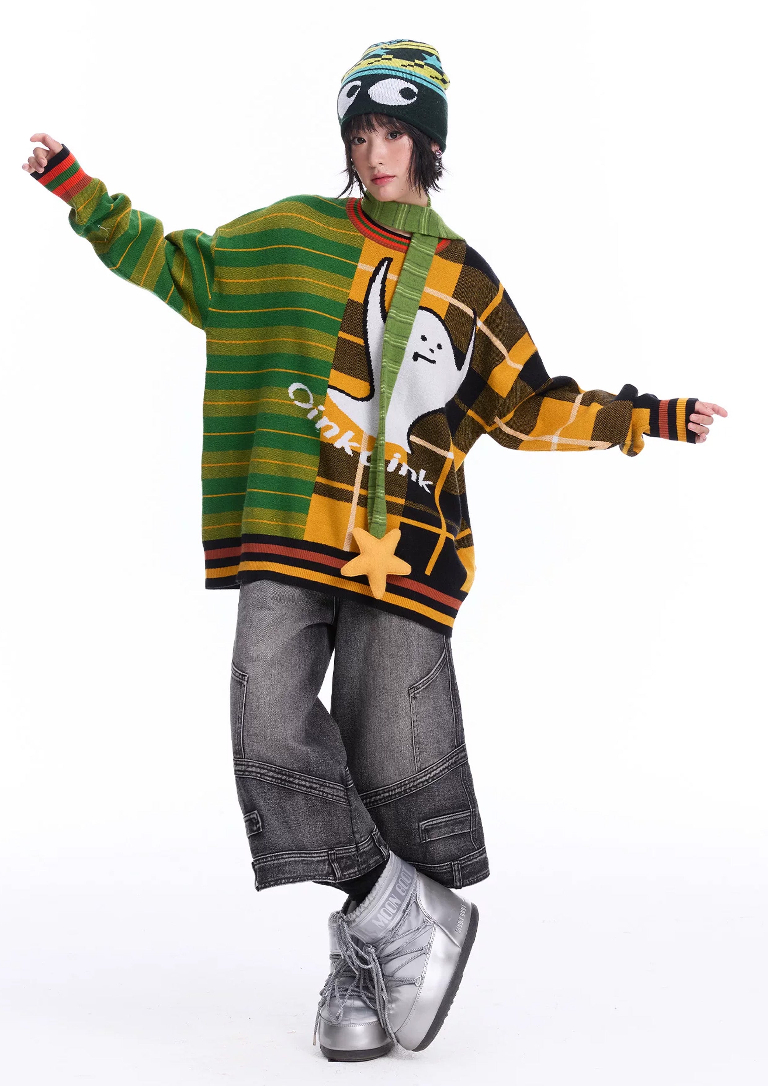 Ghost splice knit jumper - green & orange