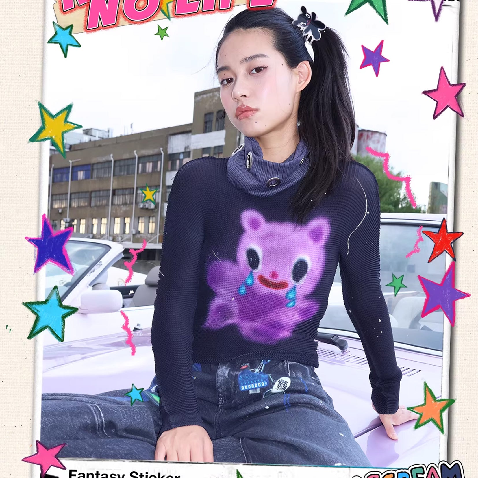 Purple bear crinkle stretch tee - black