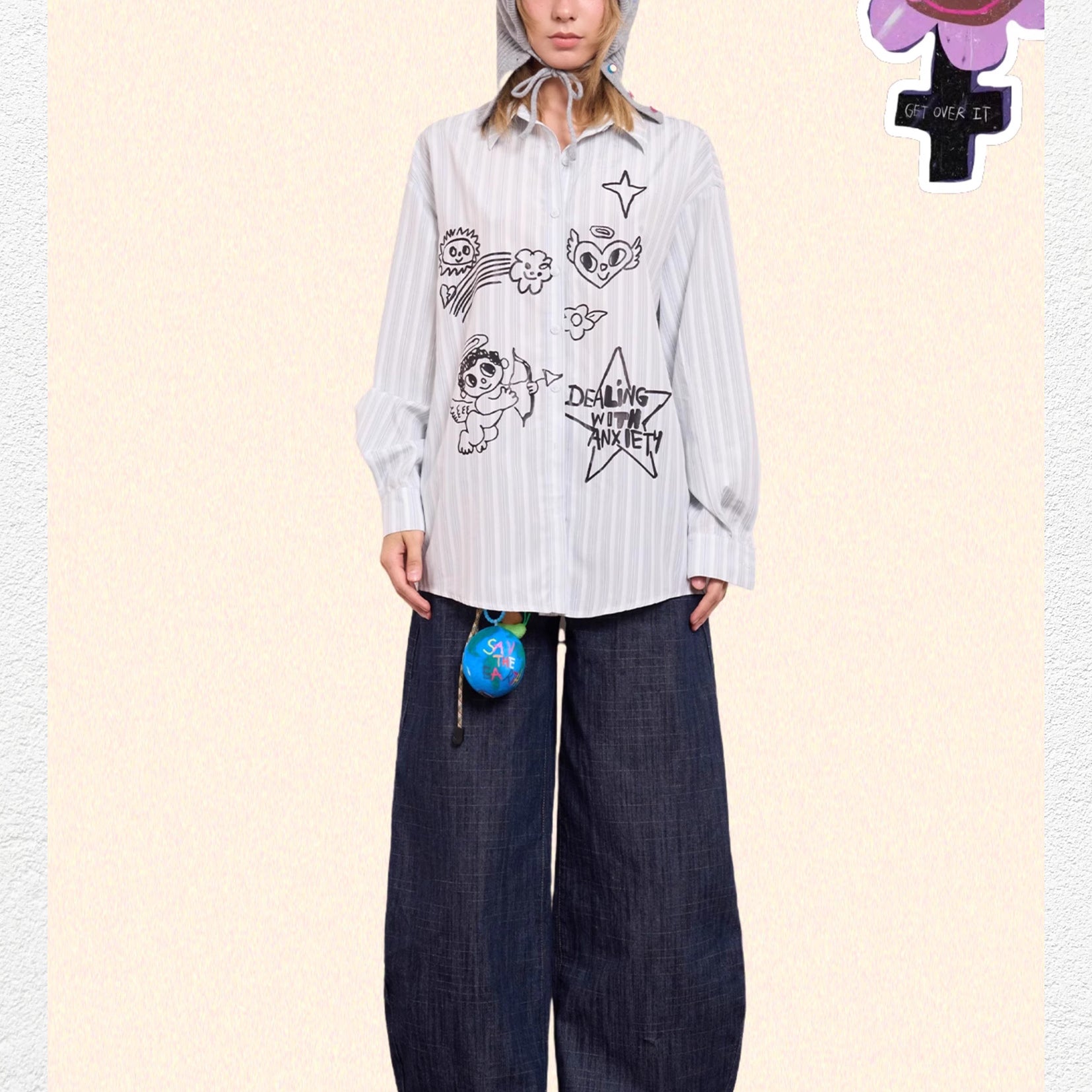*SAMPLE* Illustration striped oversized shirt - light gray