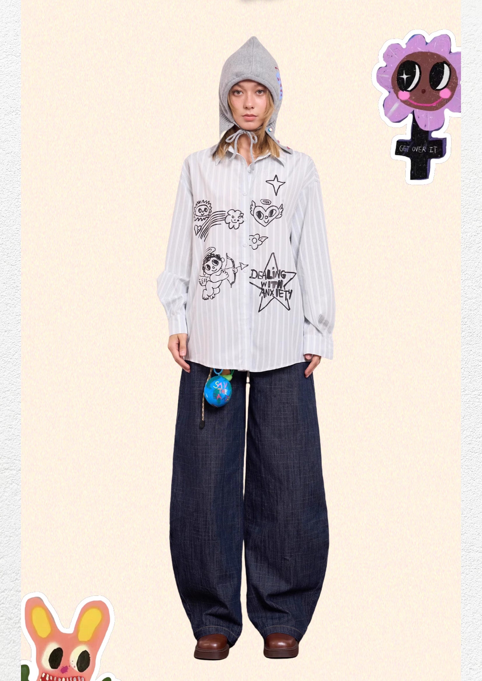 *SAMPLE* Illustration striped oversized shirt - light gray