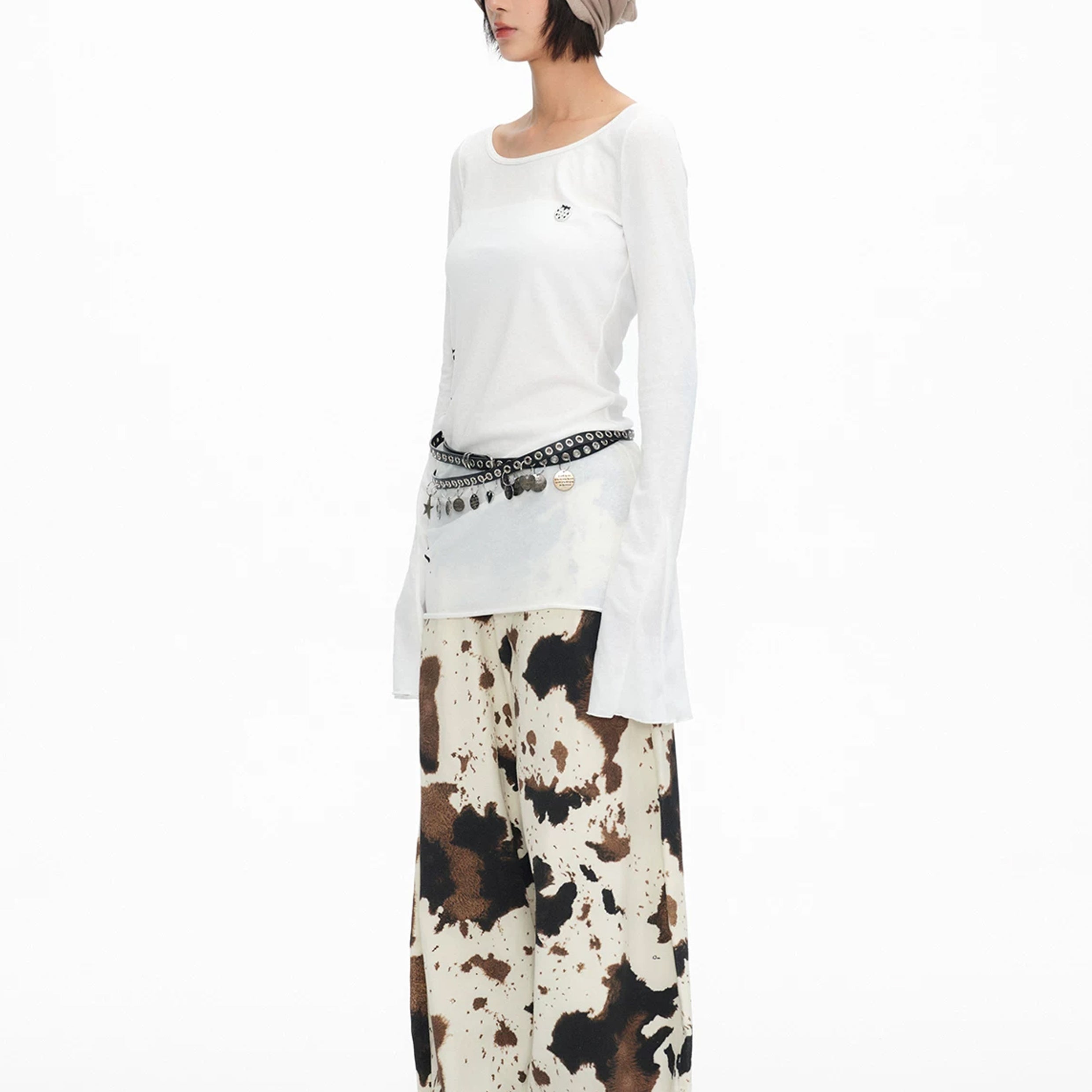 Cow print baggy barrel pants - beige