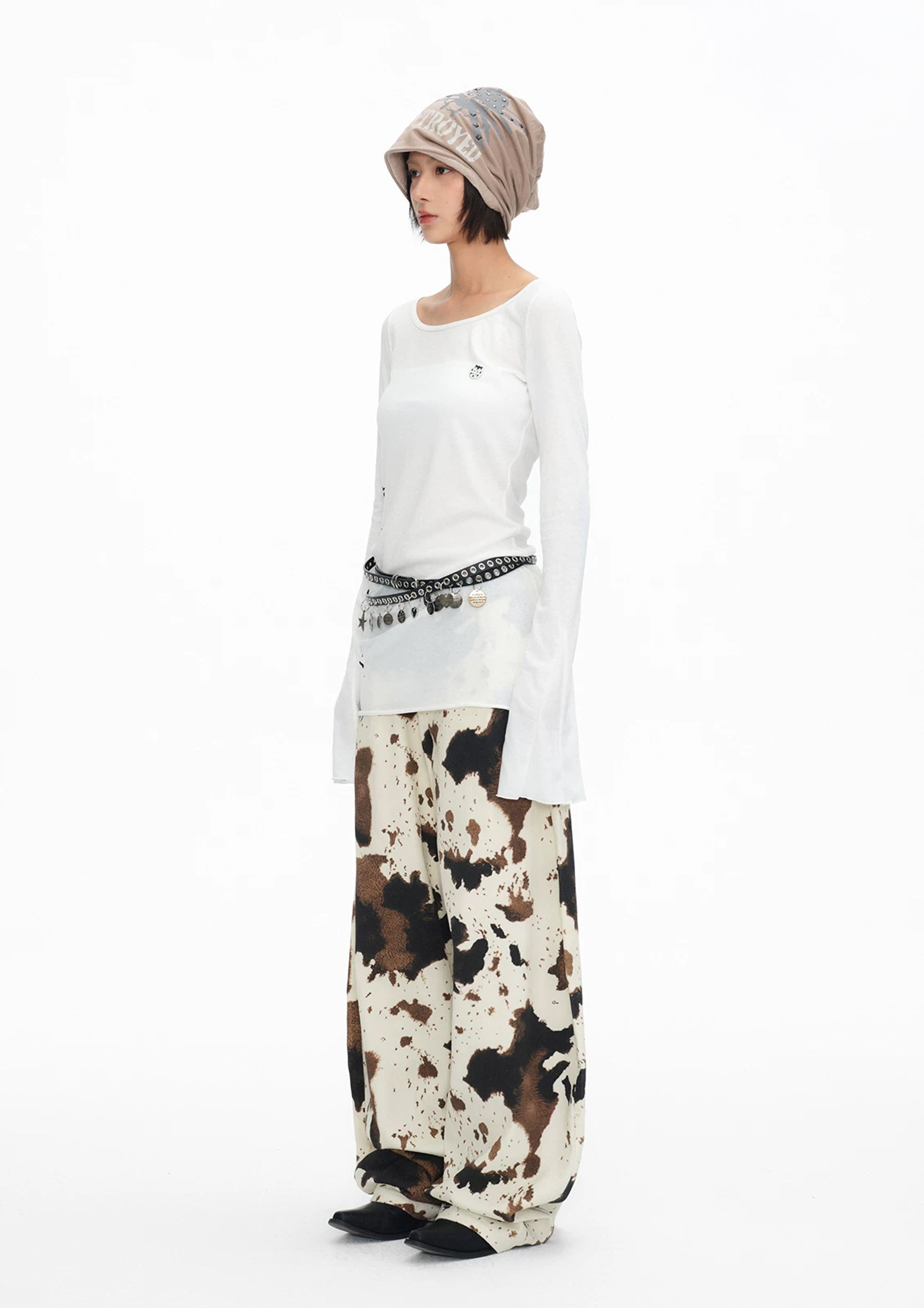 Cow print baggy barrel pants - beige