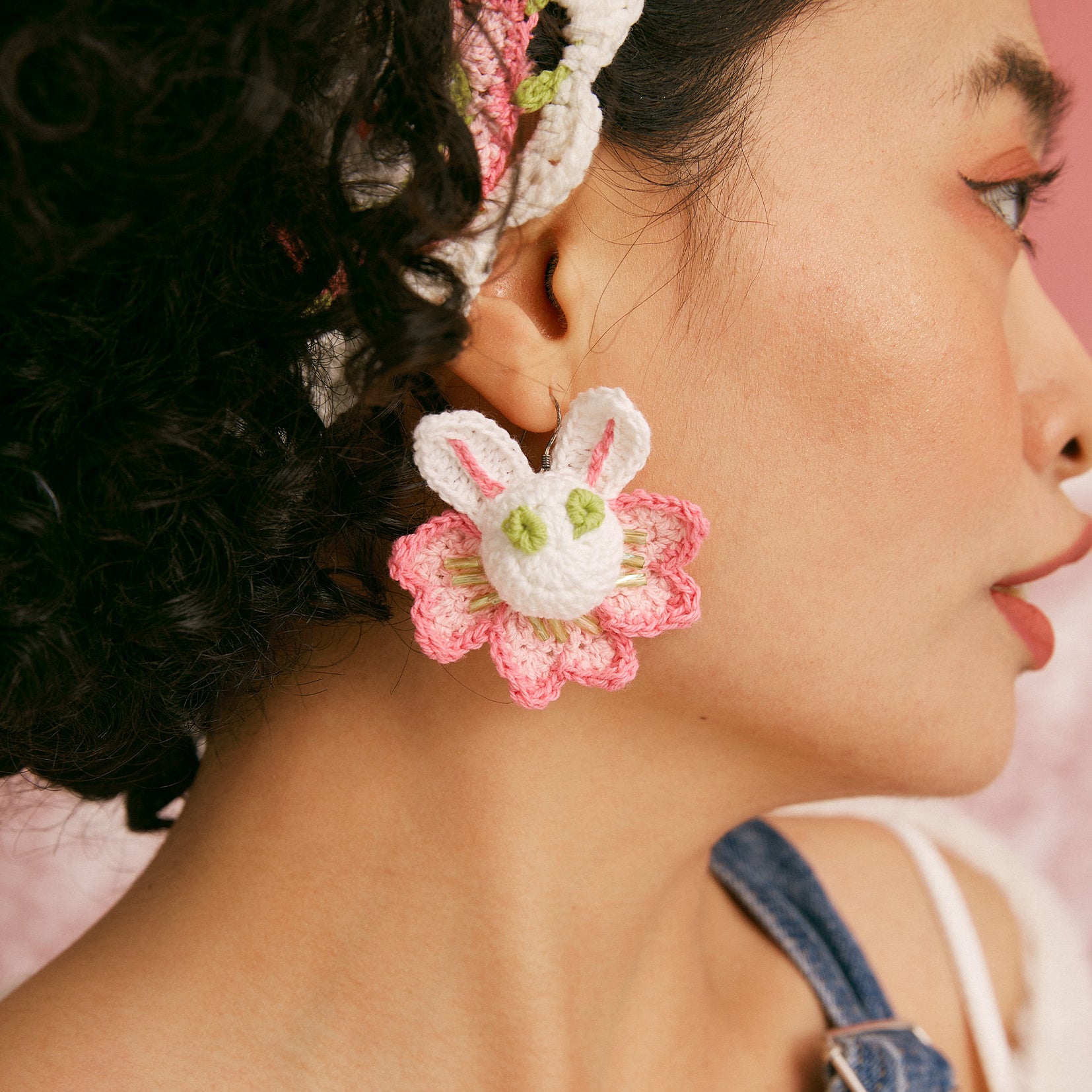 Cherry blossom bunny crochet earrings - pink