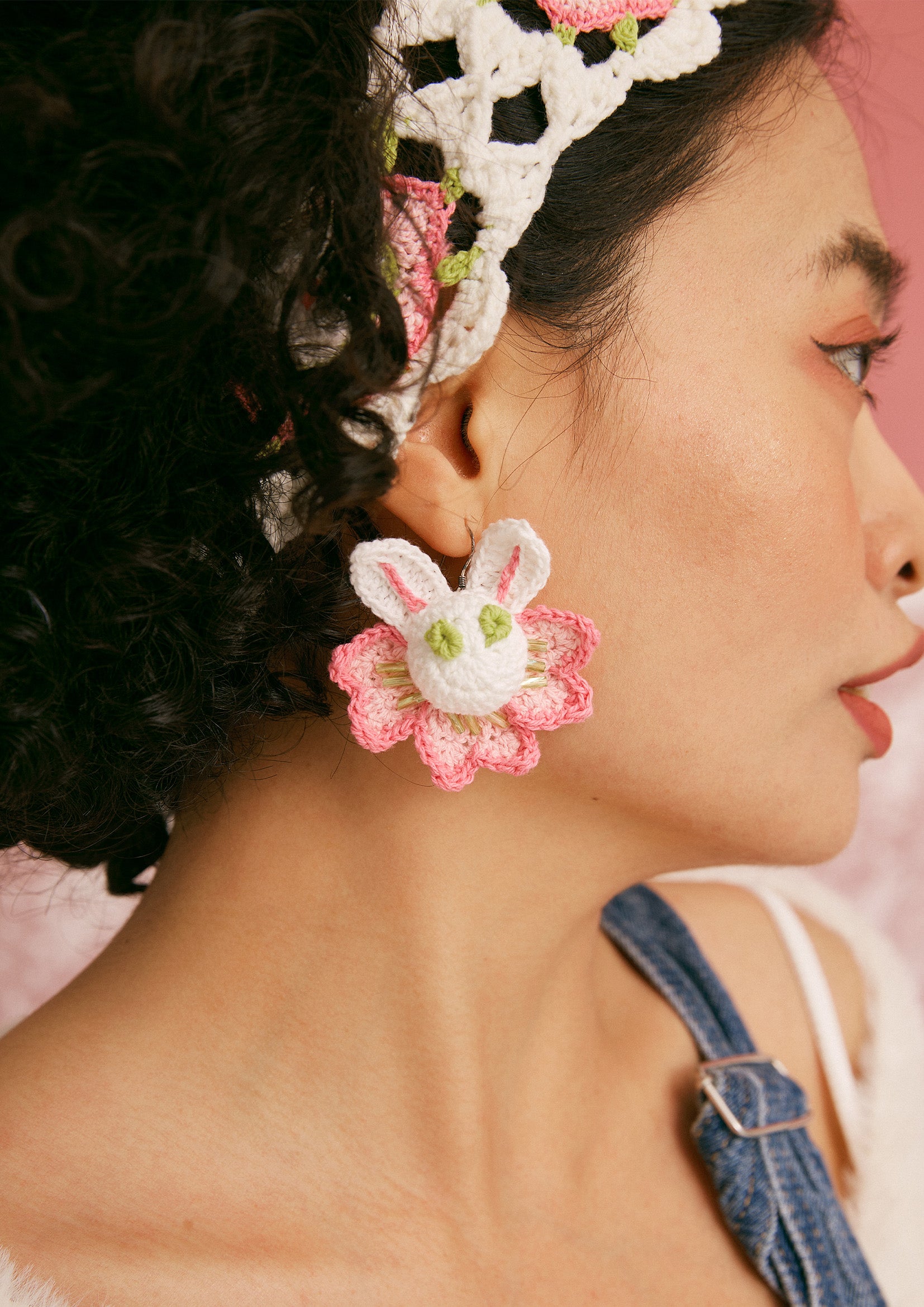 Cherry blossom bunny crochet earrings - pink