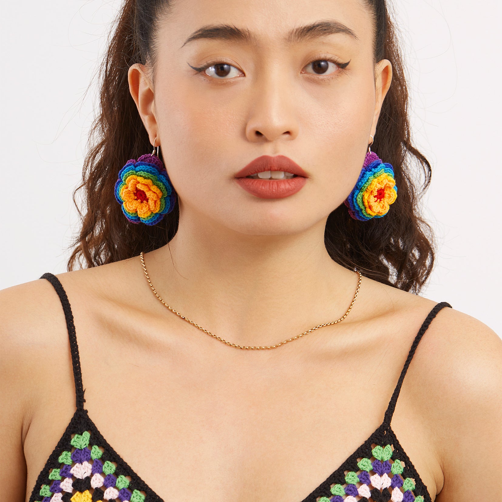 Rainbow flower crochet earrings