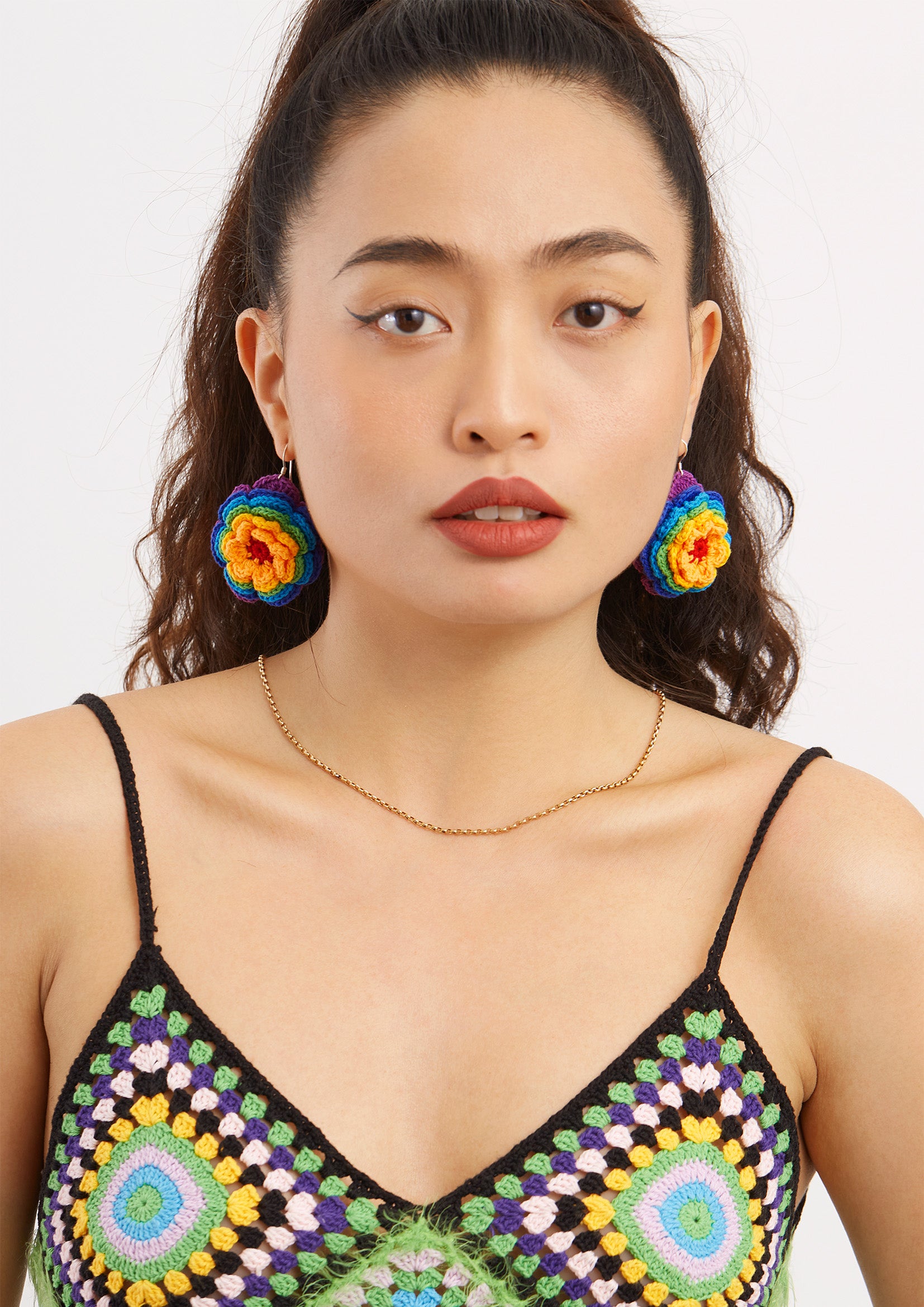 Rainbow flower crochet earrings