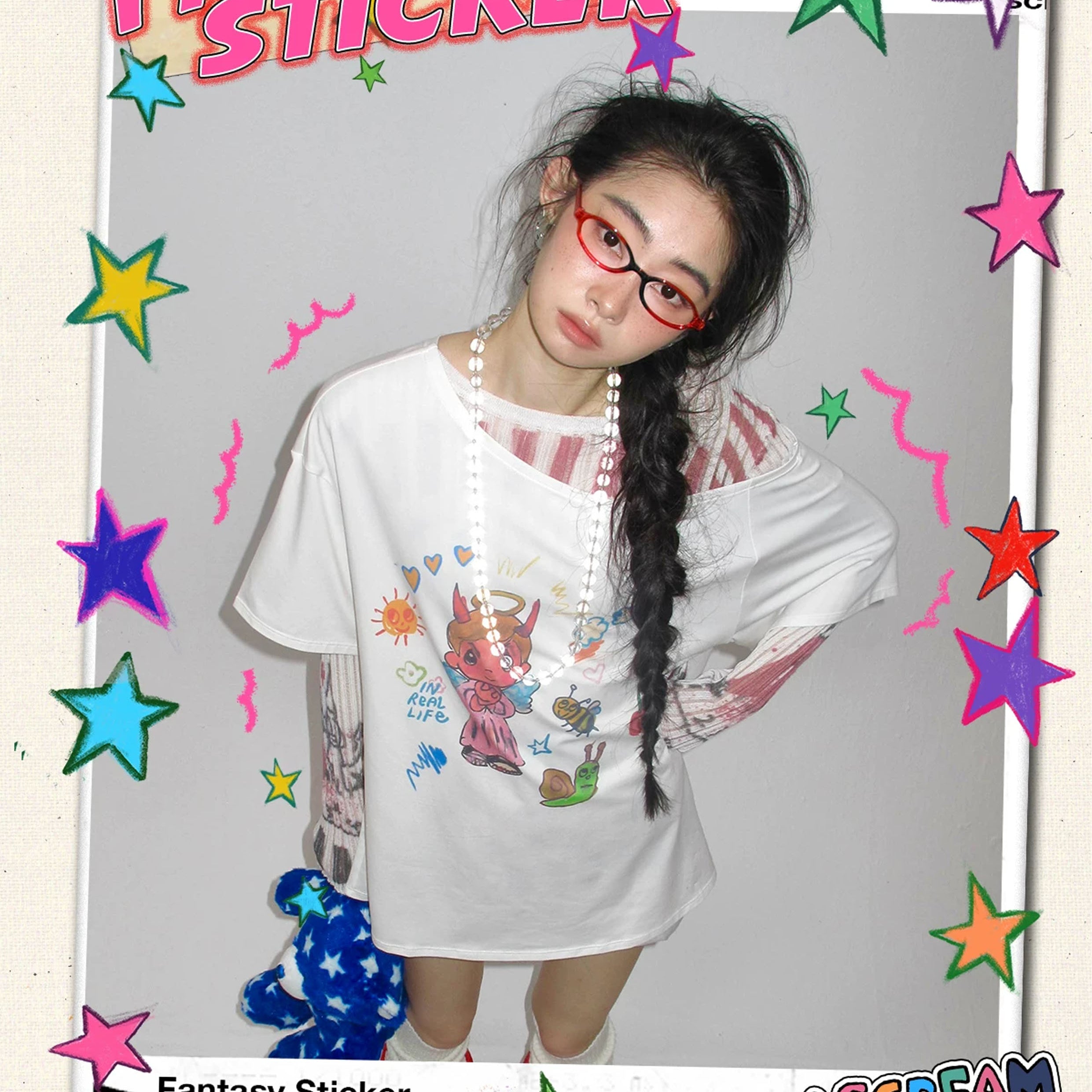 Illustration one-shoulder oversized tee - white
