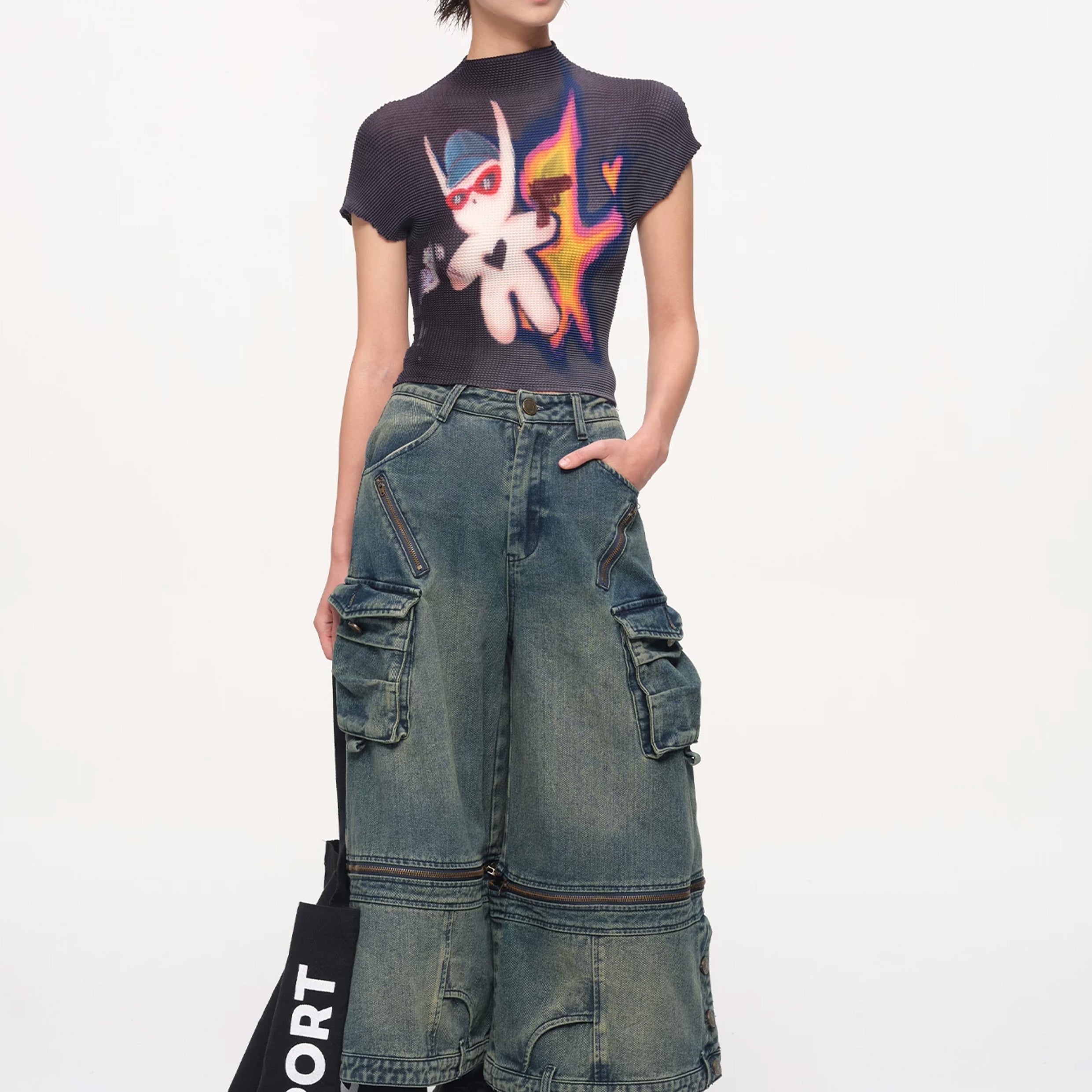 Detachable wide leg denim shorts - vintage washed blue