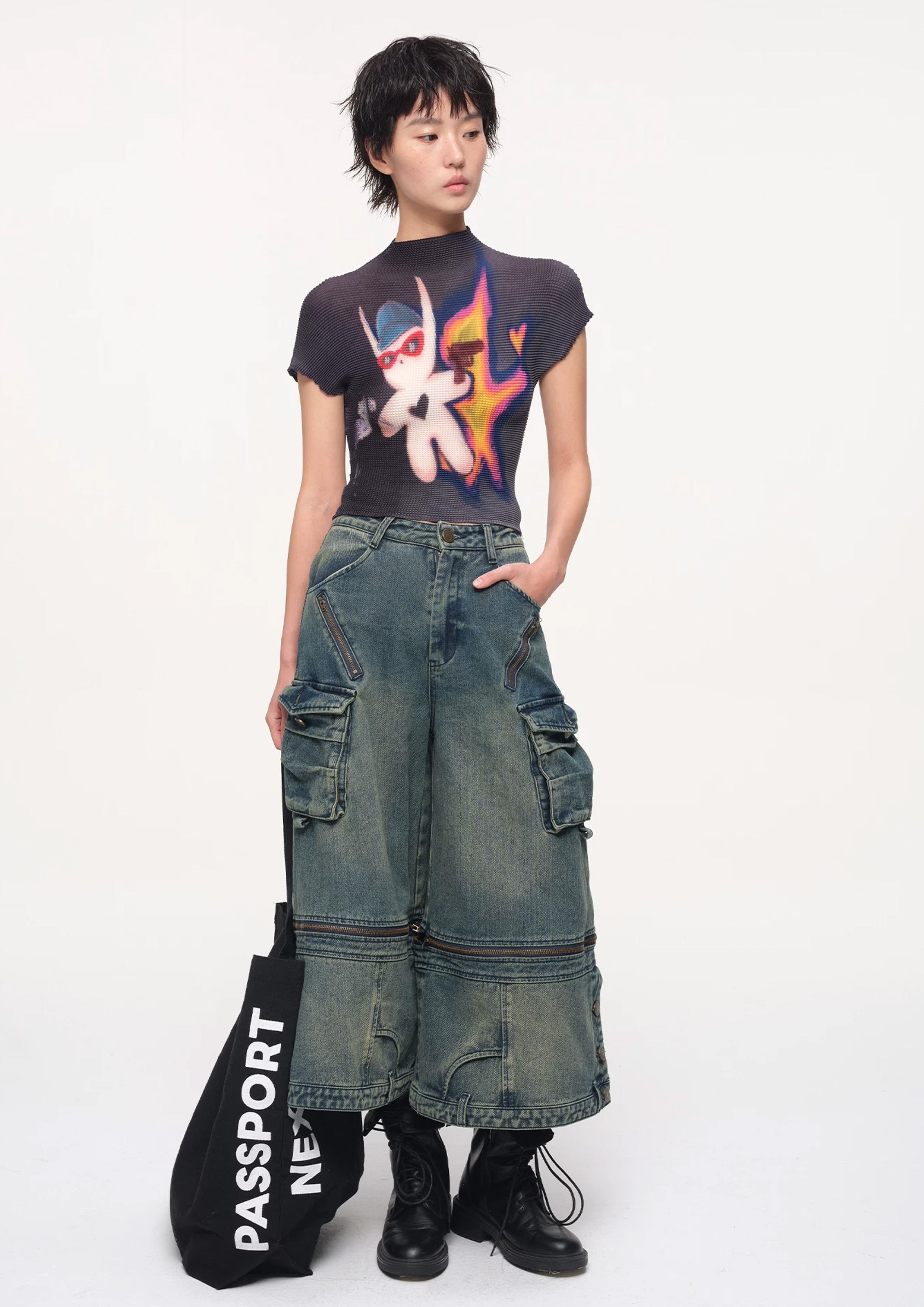 Detachable wide leg denim shorts - vintage washed blue
