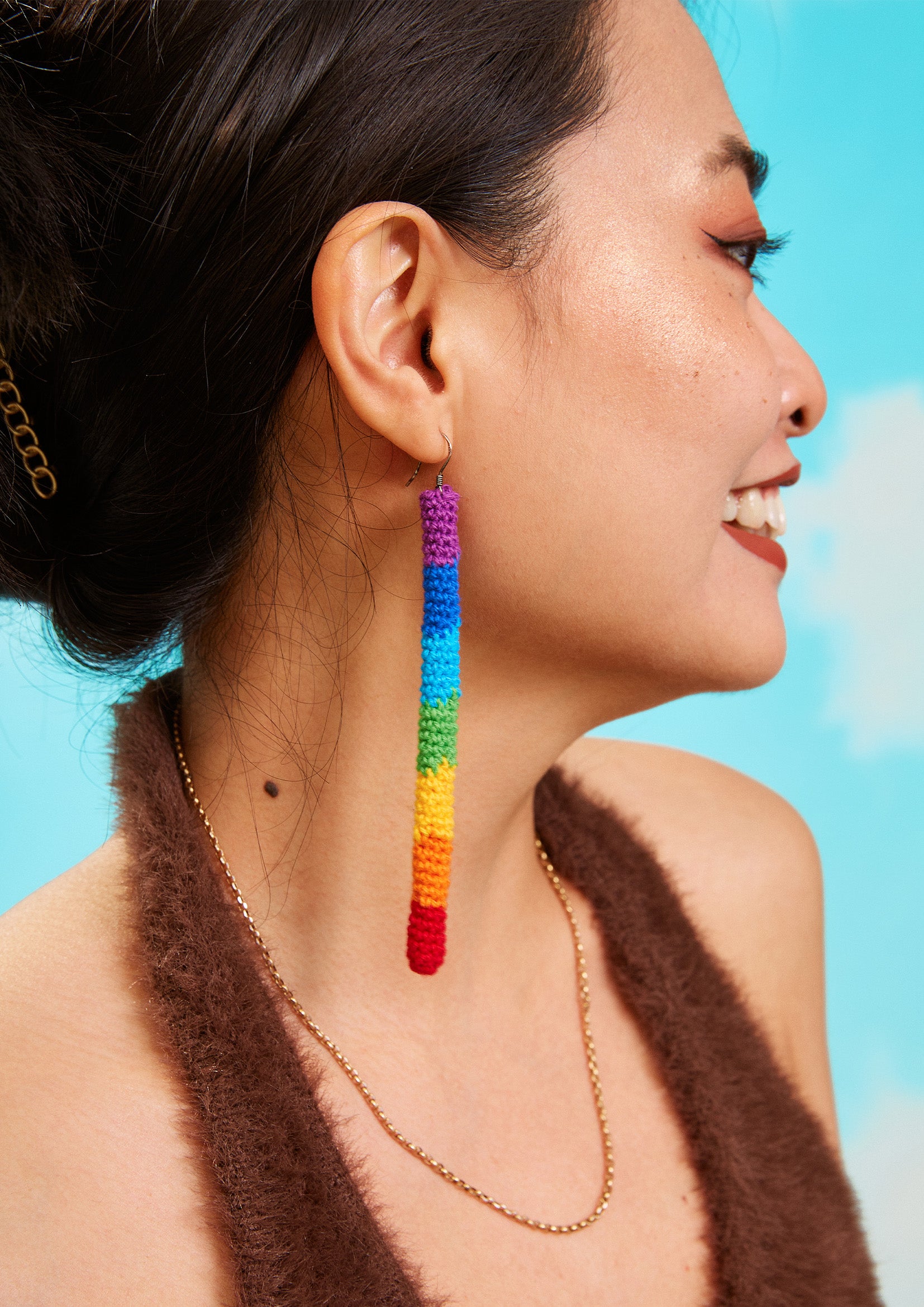 Rainbow stick asymmetric crochet earrings