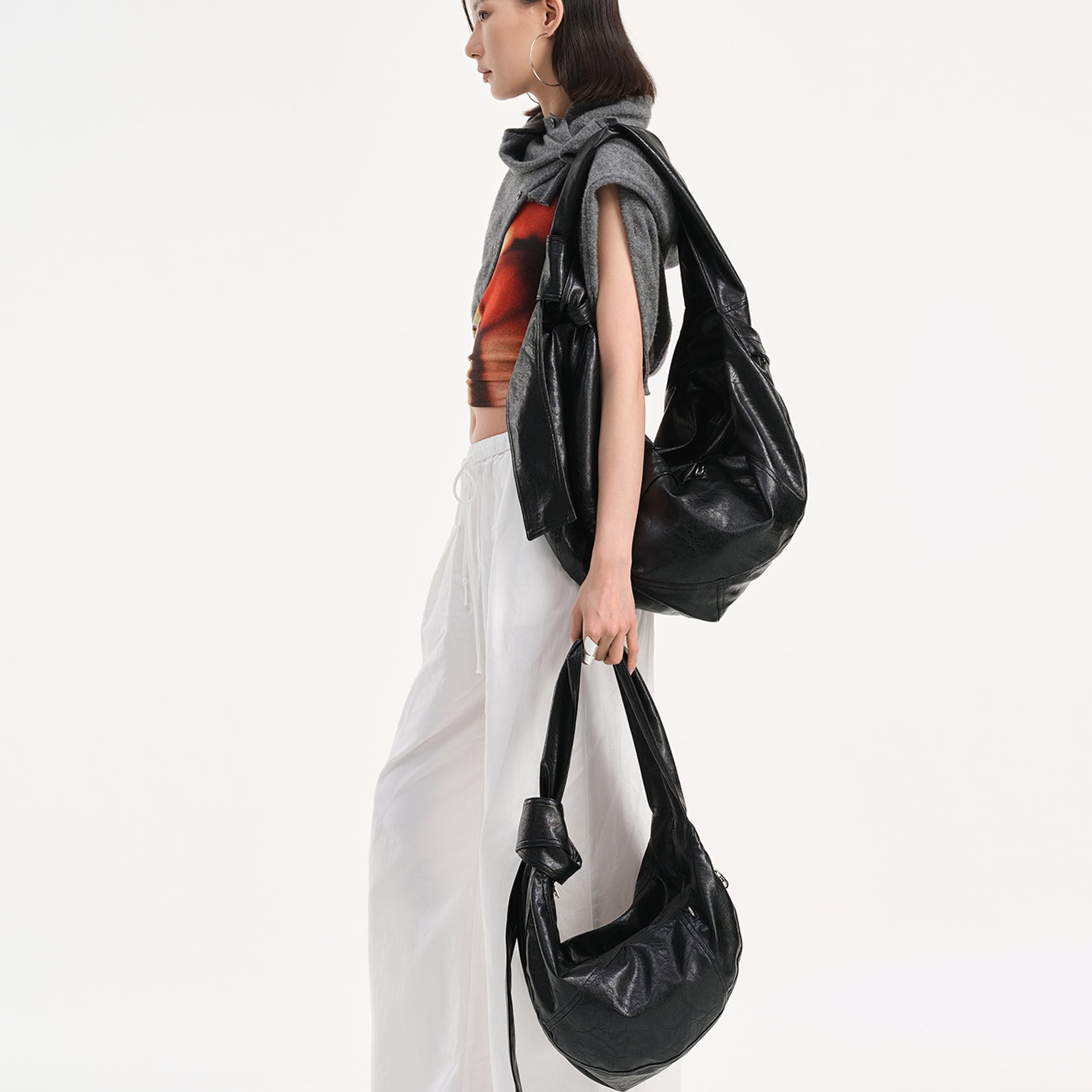 Vegan leather medium dumpling bag - black