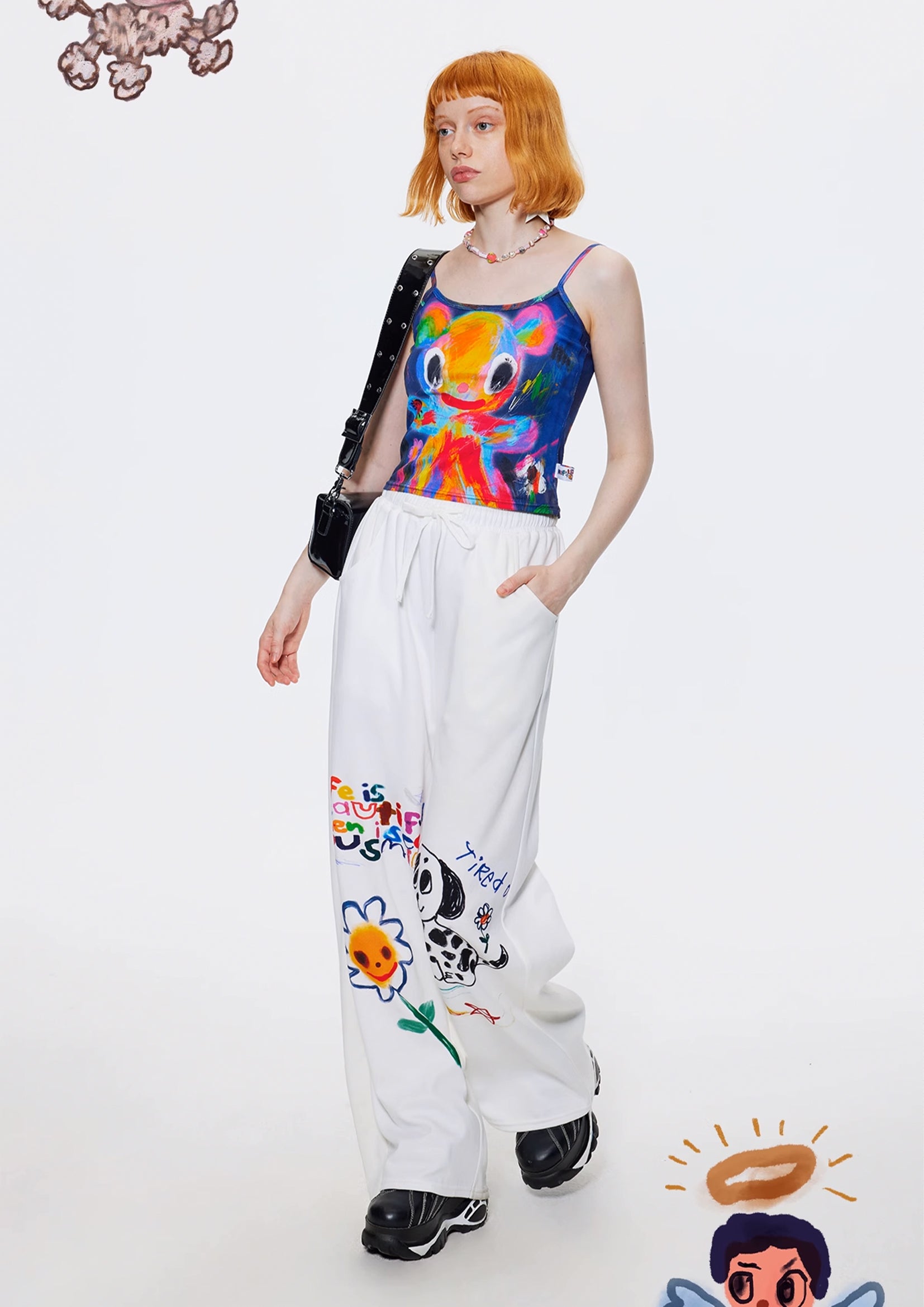 Illustration wide leg pants - white