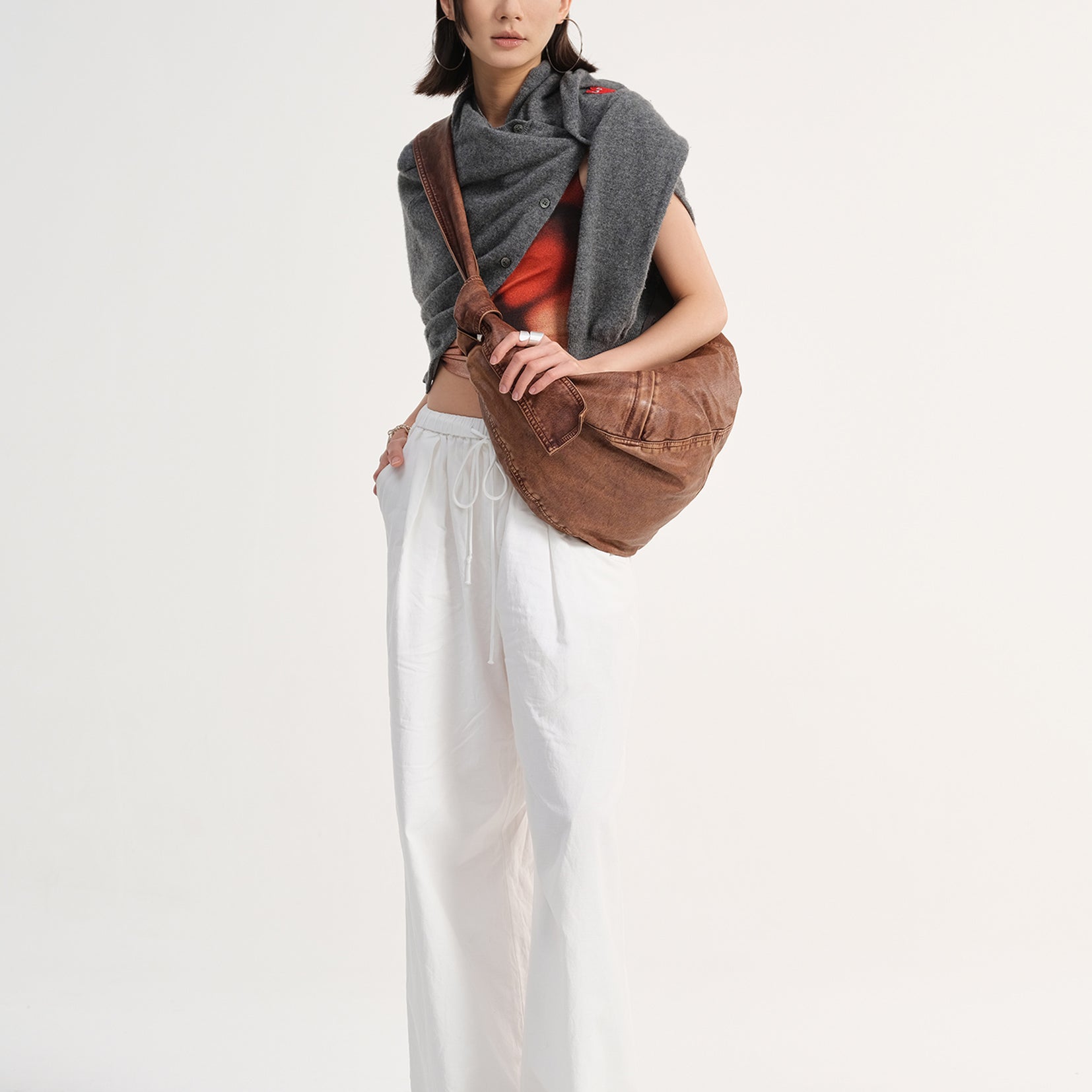 Vegan leather large dumpling bag - distressed rusty red