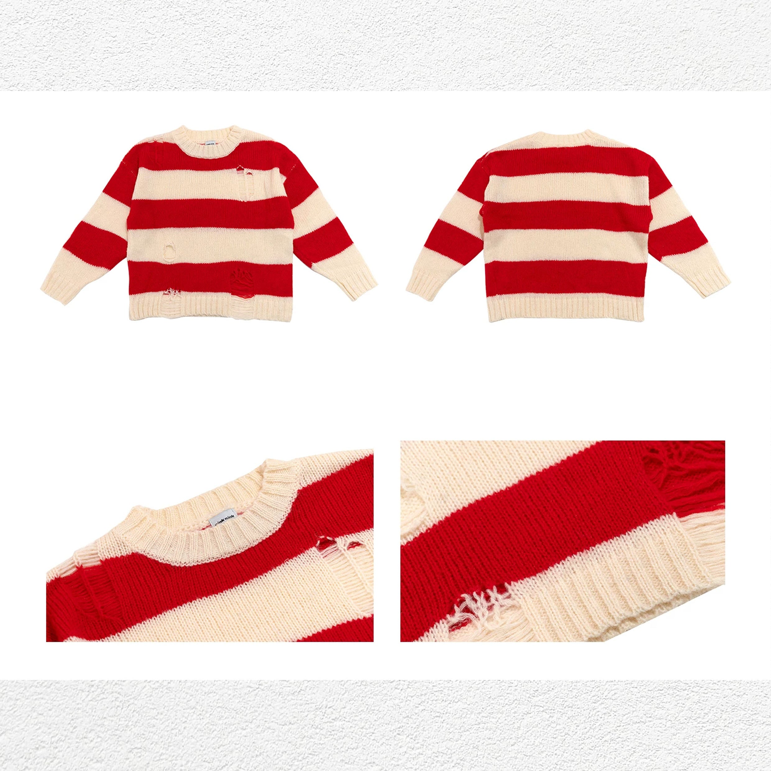 Striped distressed knit jumper - red & white