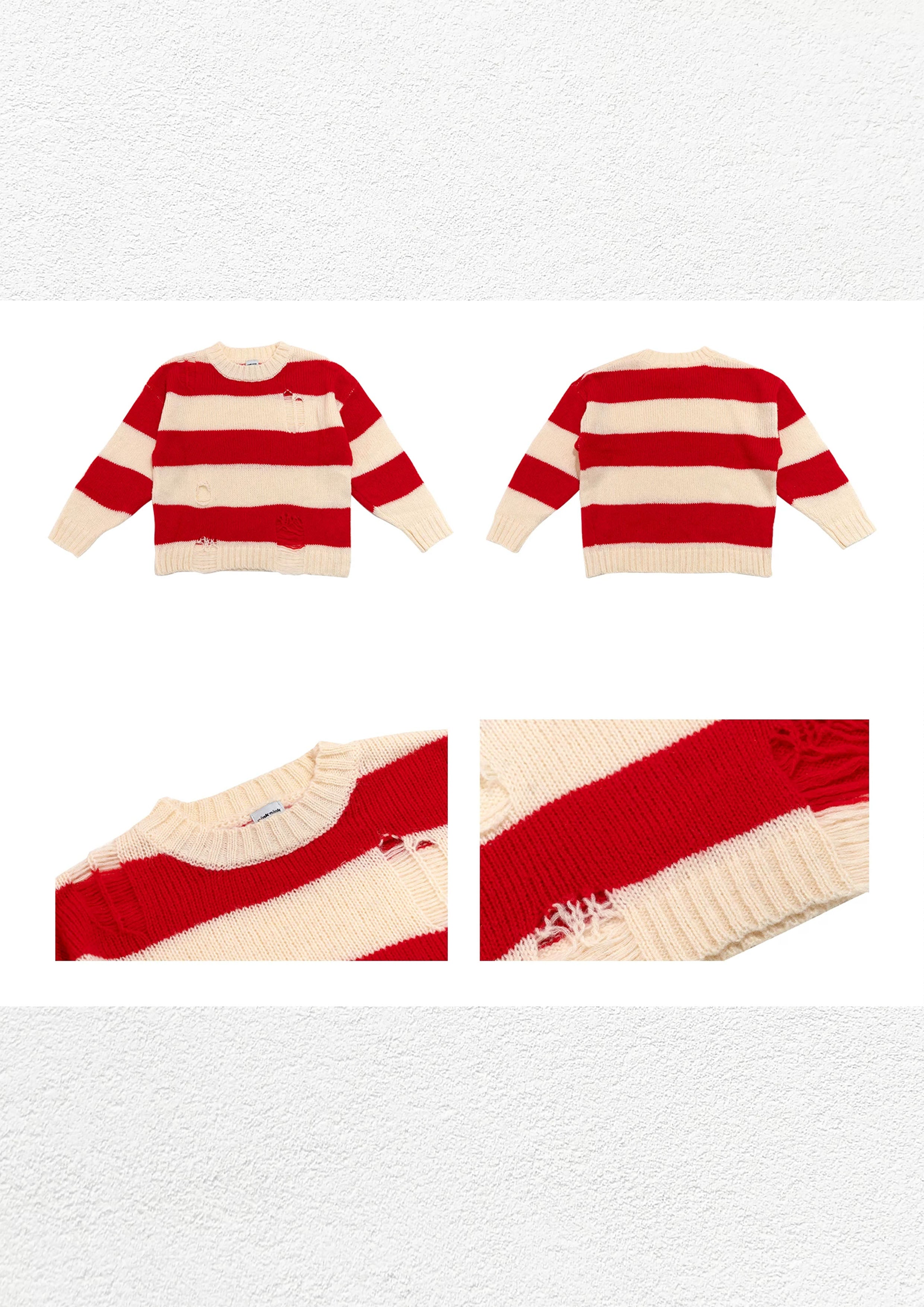 Striped distressed knit jumper - red & white