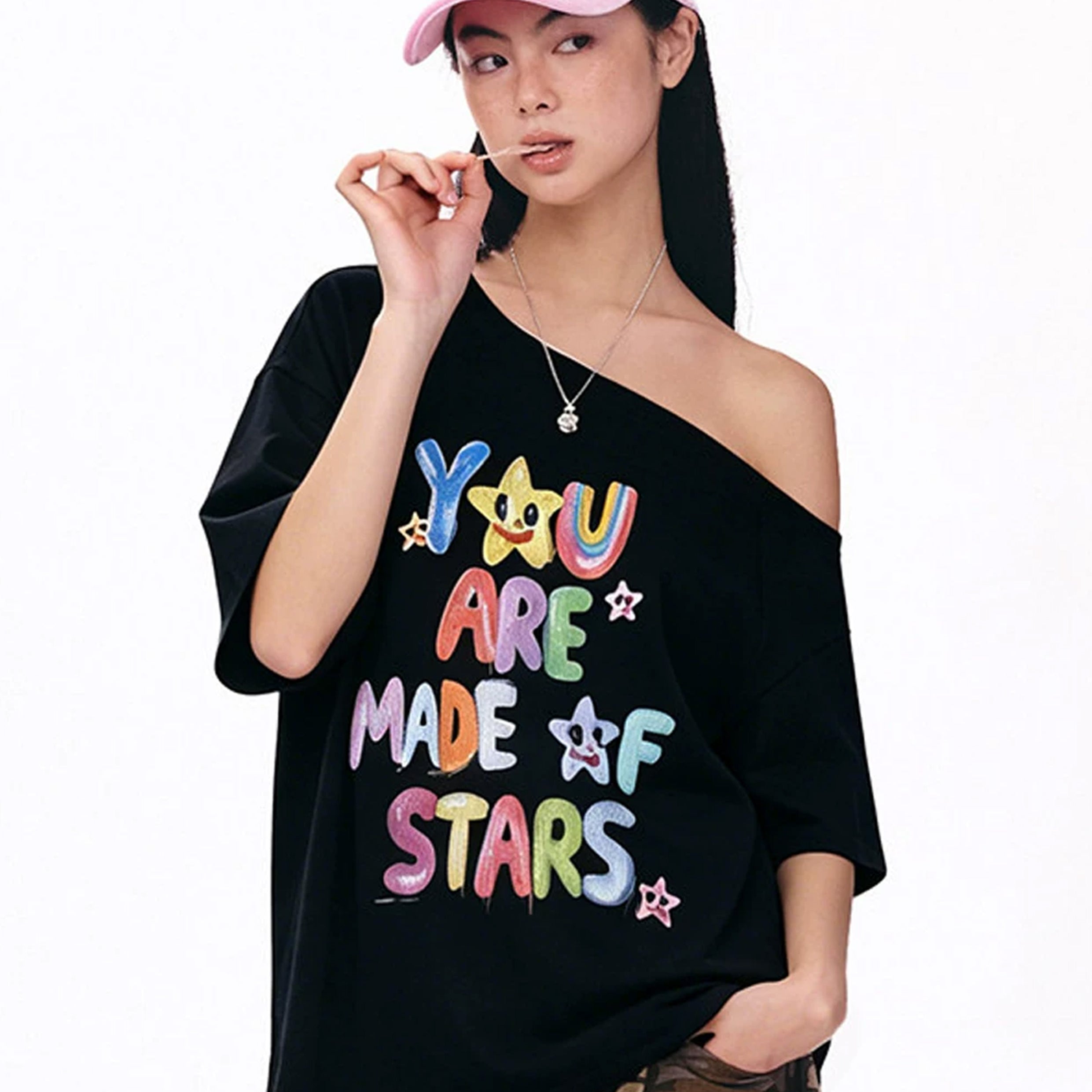 Typography one-shoulder oversized tee - black